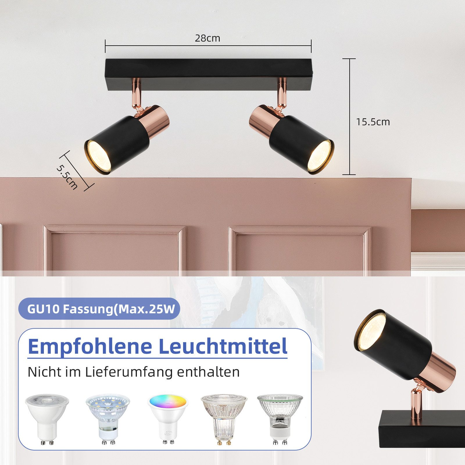 Un faretto a binario nero con due faretti. Di seguito sono riportate diverse opzioni di lampadine, con misure.