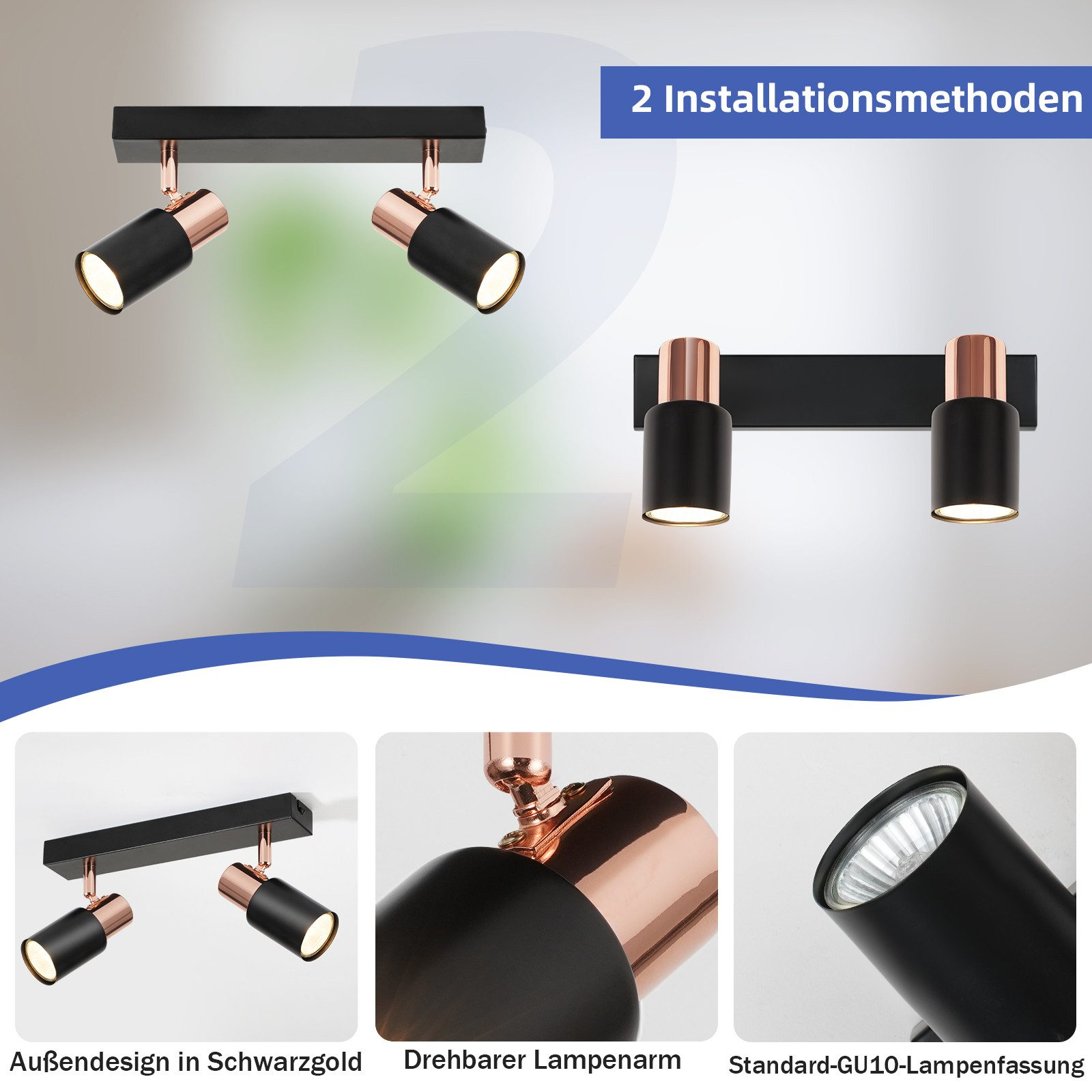 Faretti neri e rame, molteplici metodi di installazione, base lampada GU10.