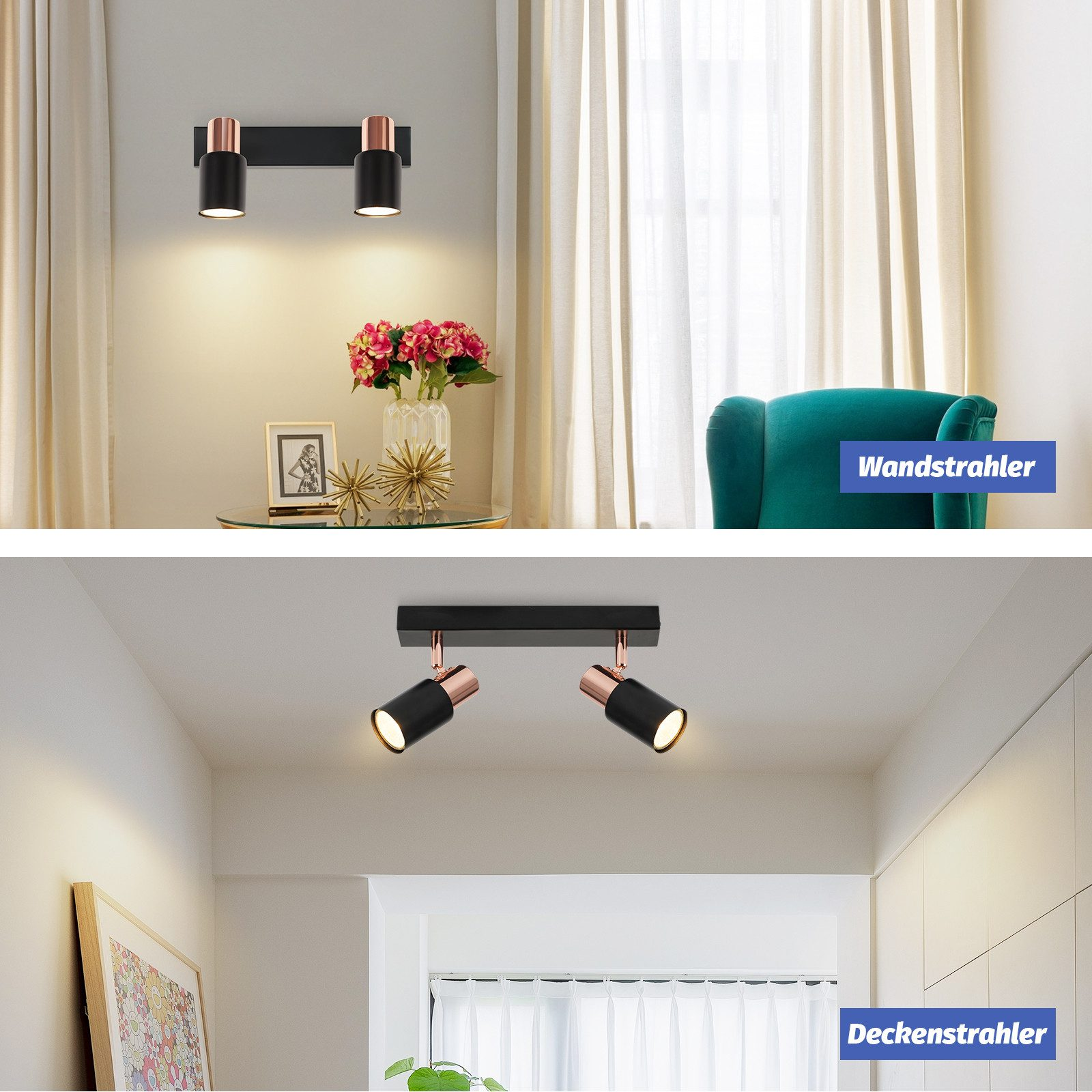 Due immagini di faretti neri e rame, uno sulla parete e uno sul soffitto.