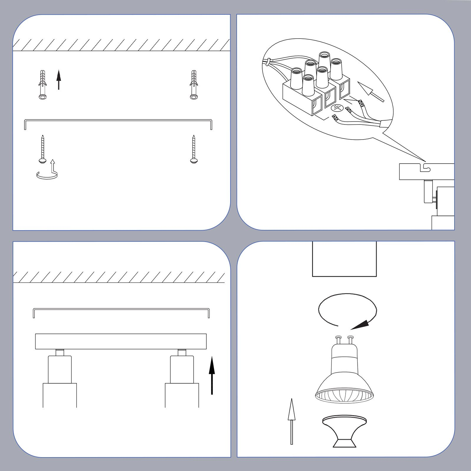 Diagramma a quattro pannelli di un processo di installazione di un apparecchio di illuminazione, che mostra l'avvitamento, il cablaggio e l'inserimento della lampadina.