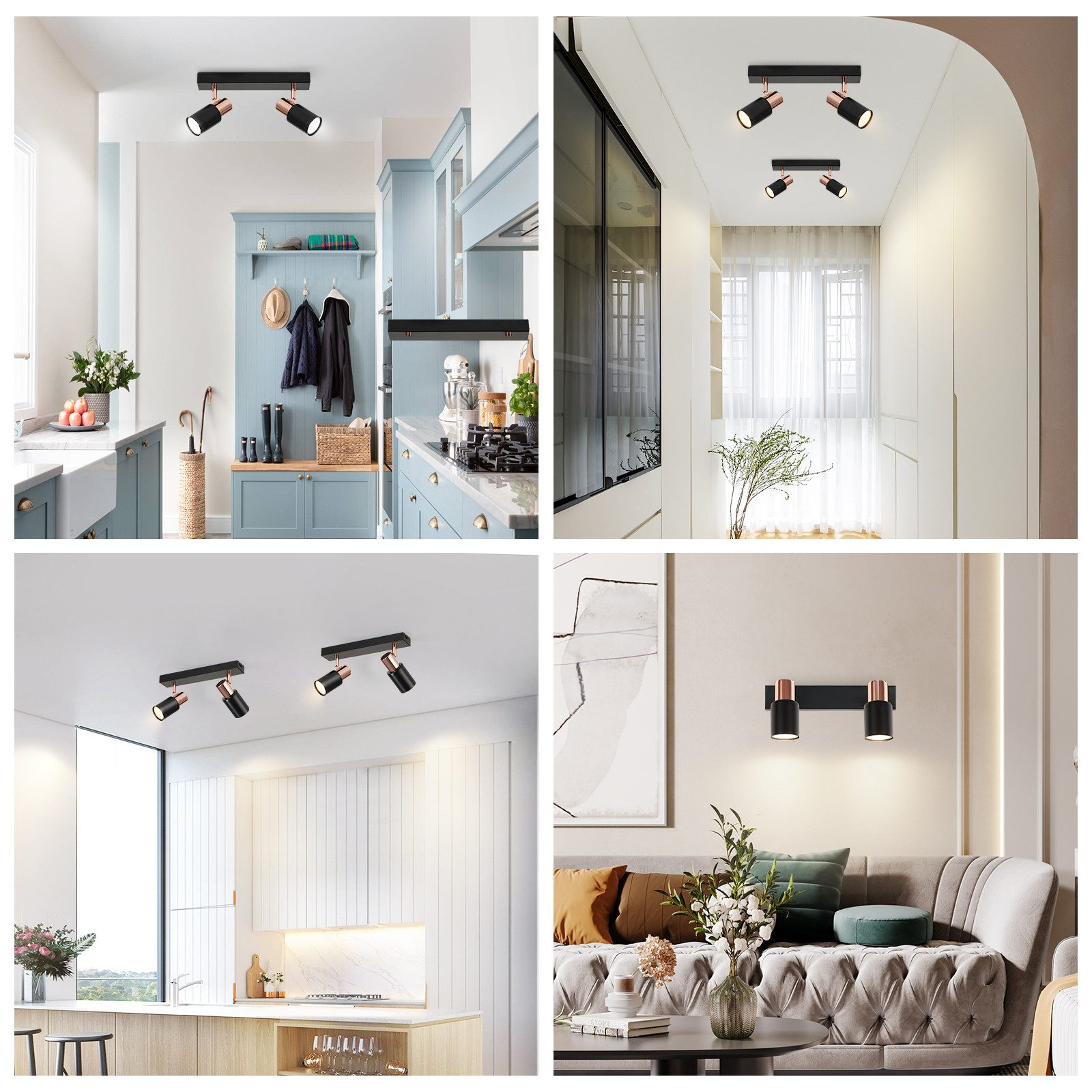 Quattro immagini di faretti in vari ambienti domestici. Questi sono neri con accenti color rame.