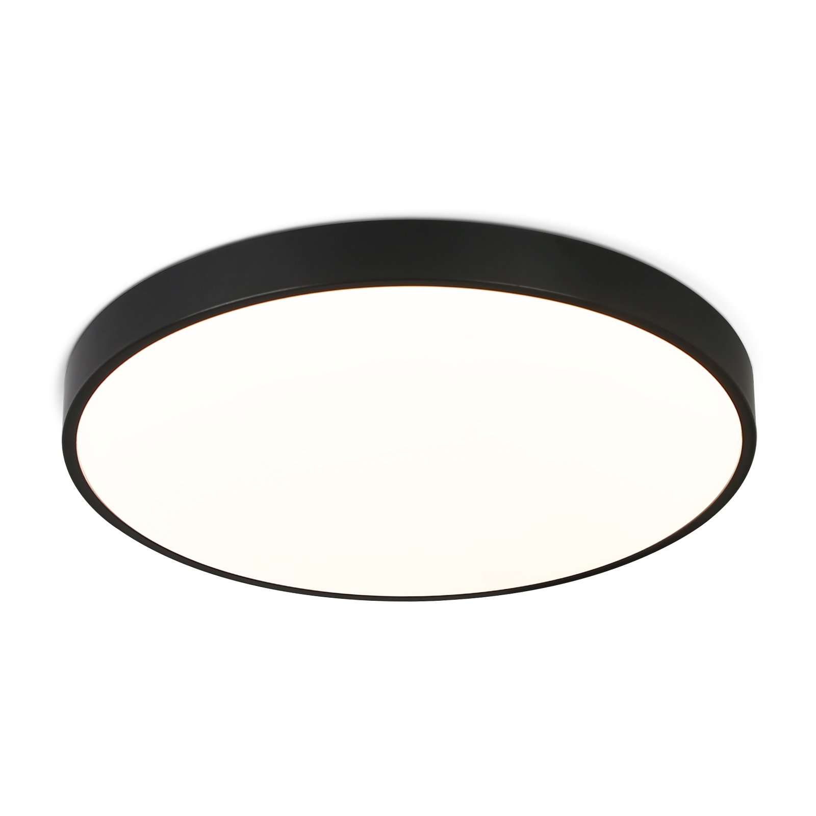 Luce da soffitto nera, circolare, a filo, che emette una luce bianca brillante.