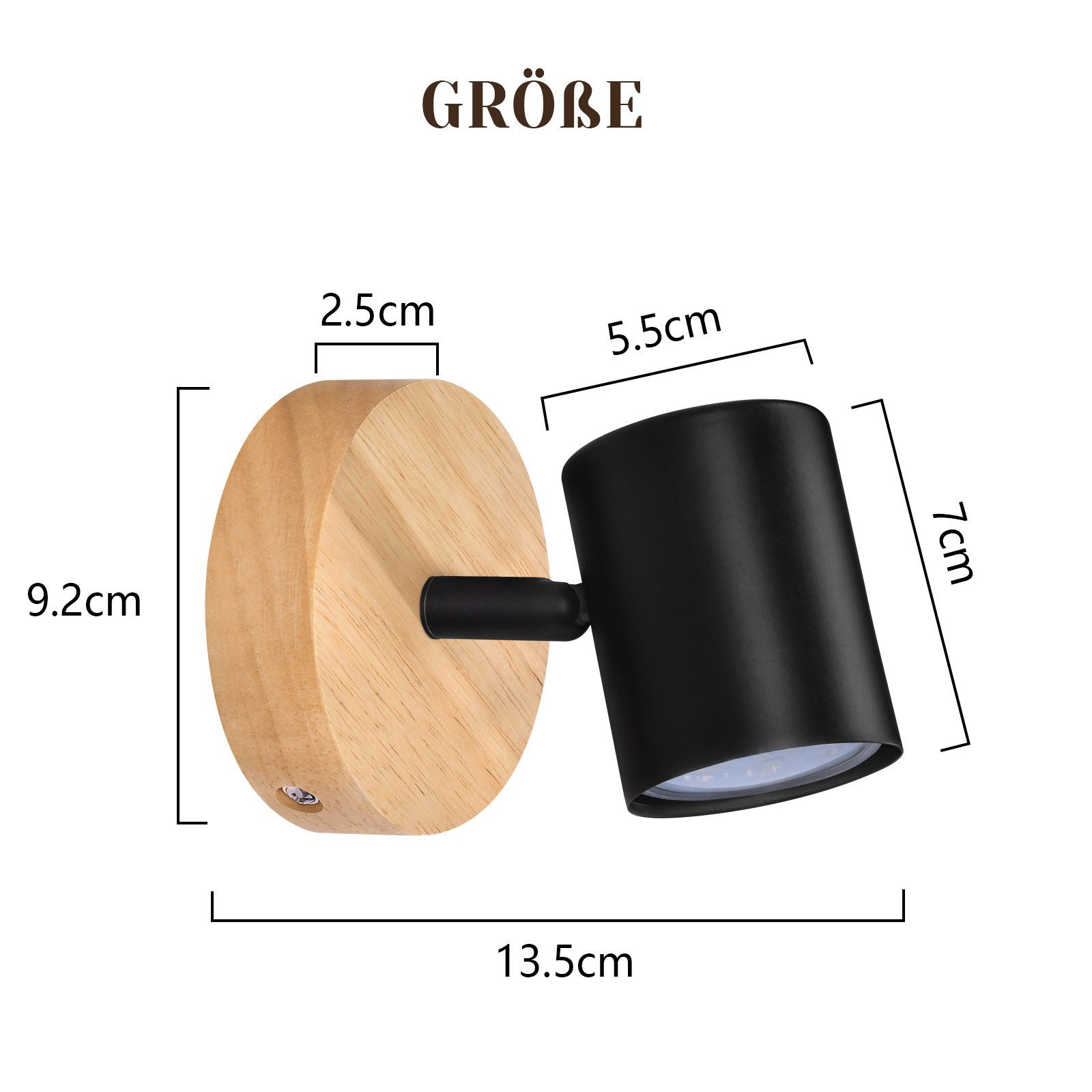 Una lampada da parete nera e in legno, che mostra le dimensioni. La lampada è cilindrica con base in legno.