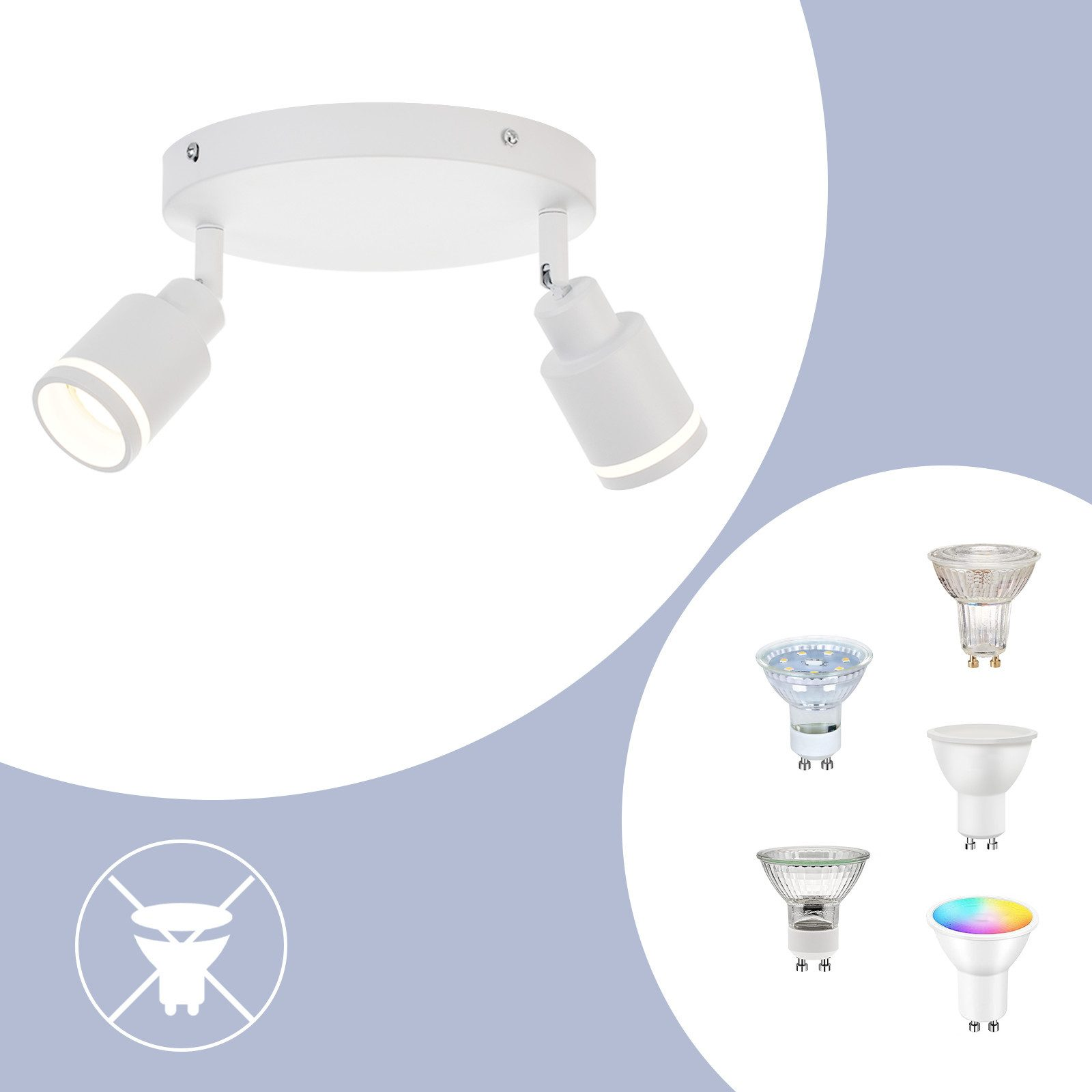 Due faretti bianchi montati su una base bianca, con una selezione di lampadine.