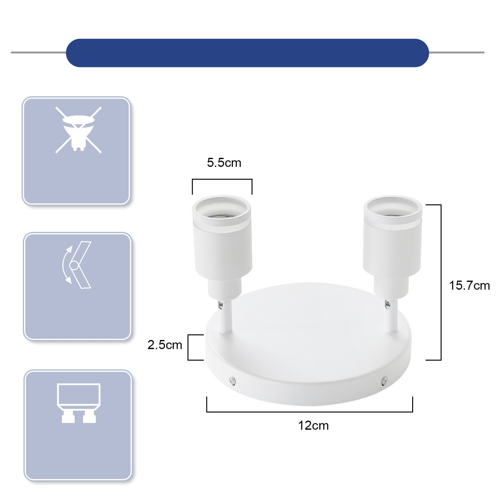 Placca luminosa bianca. Due portalampada, dimensioni incluse. Icone delle funzioni.