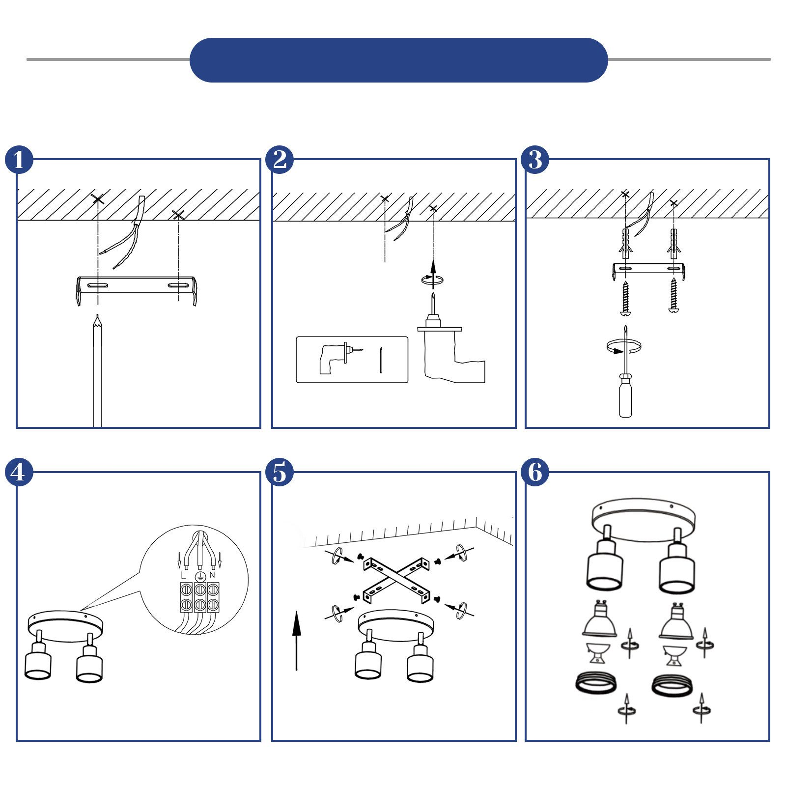 Fasi di montaggio di un'apparecchio a soffitto con diagrammi. Viti, cacciavite e soffitto visibili.