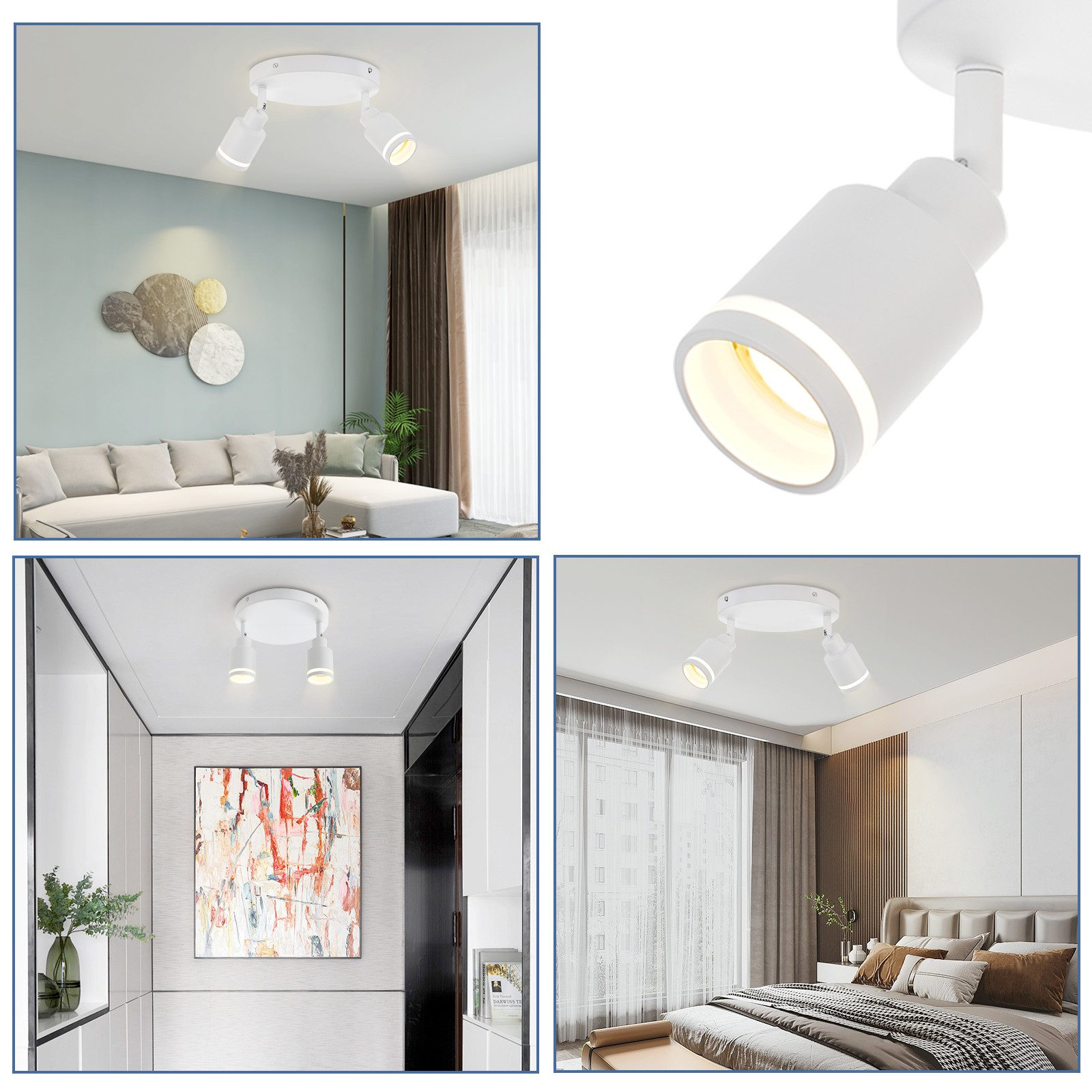 Immagini multiple di faretti bianchi a soffitto in un soggiorno e in una camera da letto. Sfondo bianco.