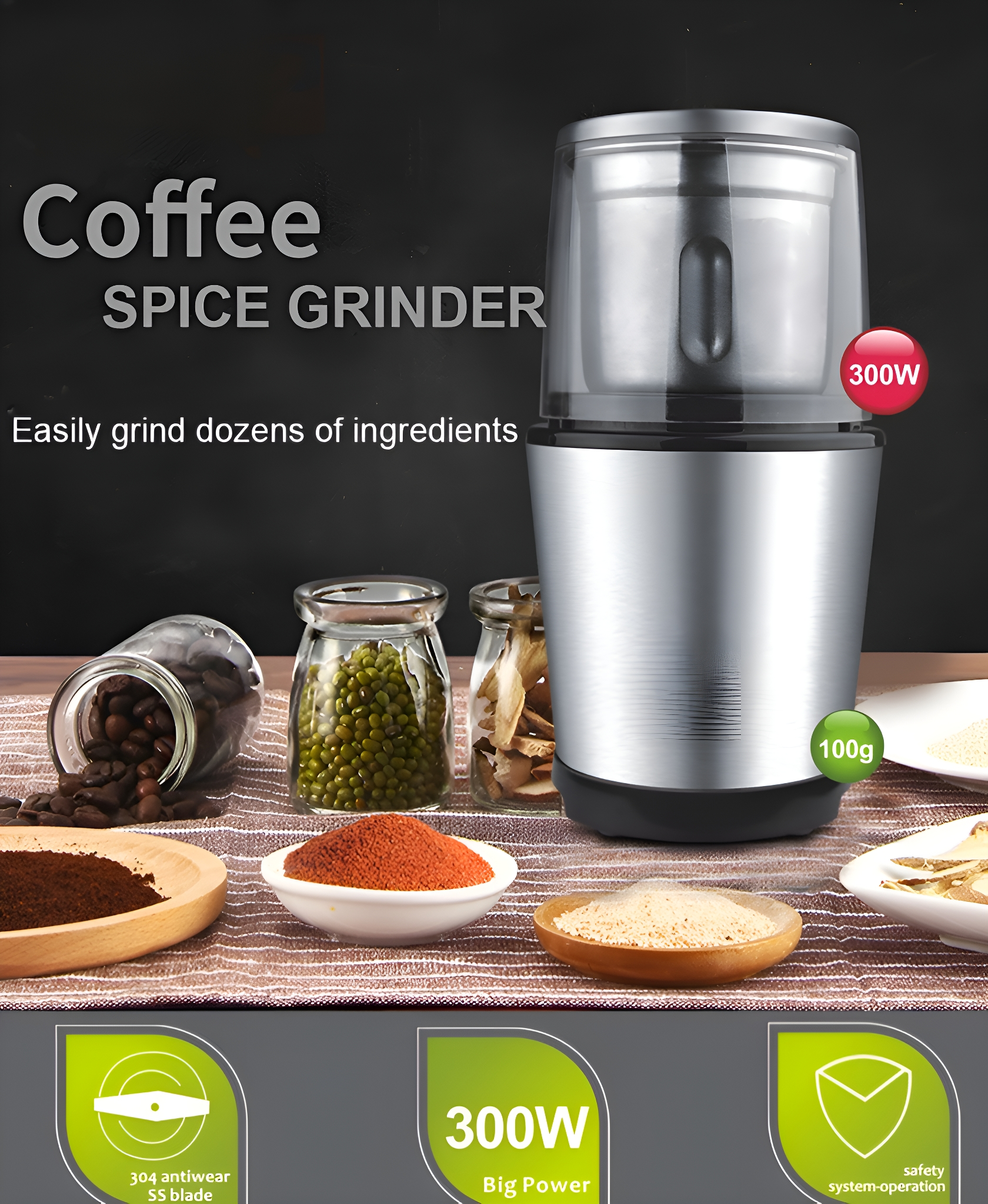 Kaffeemühle mit verschiedenen Gewürzen und Kaffeebohnen, mit Leistungs- und Kapazitätsangaben.