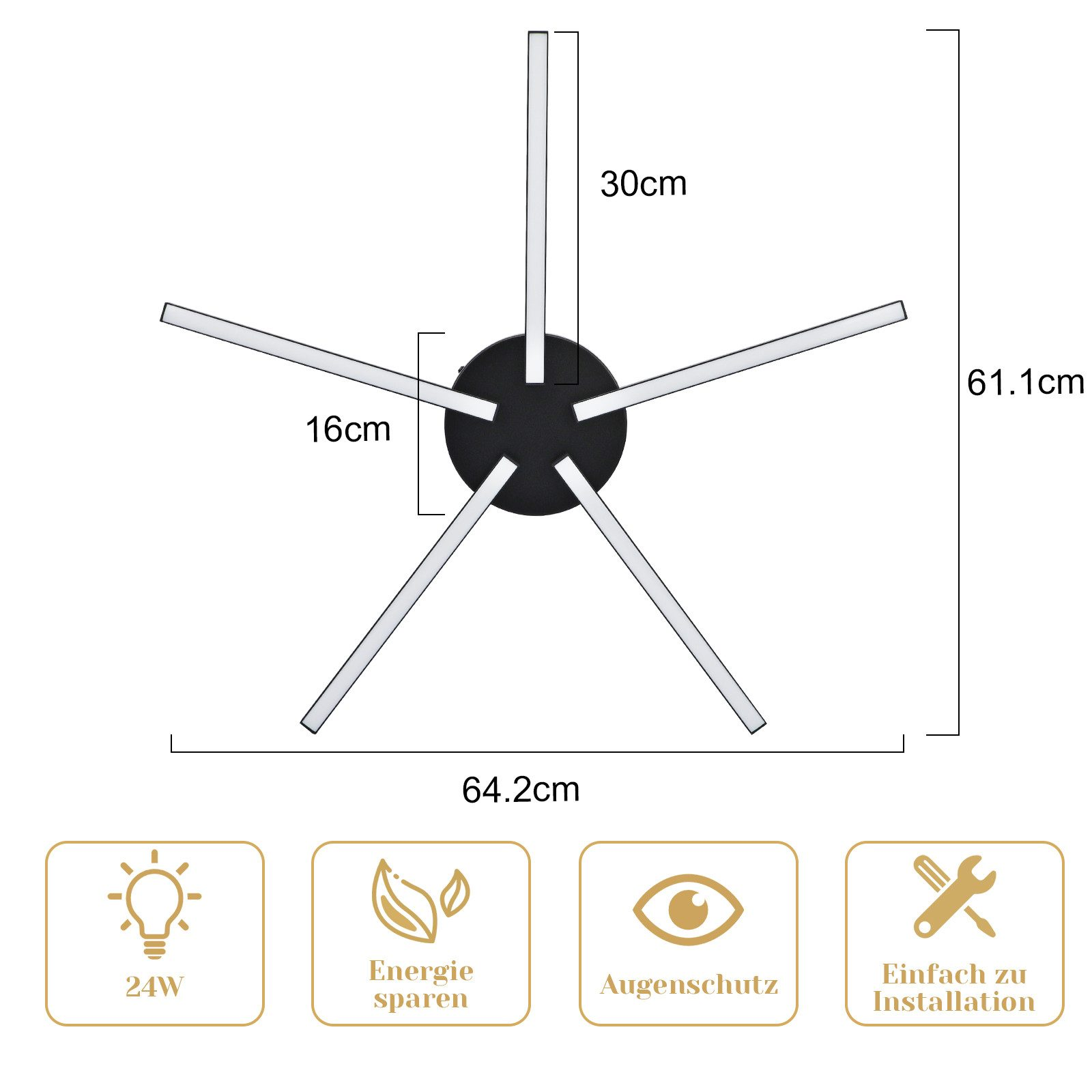 Una lampada da soffitto a cinque bracci. Le dimensioni sono mostrate. Le icone indicano 24W, risparmio energetico, protezione degli occhi e facile installazione.
