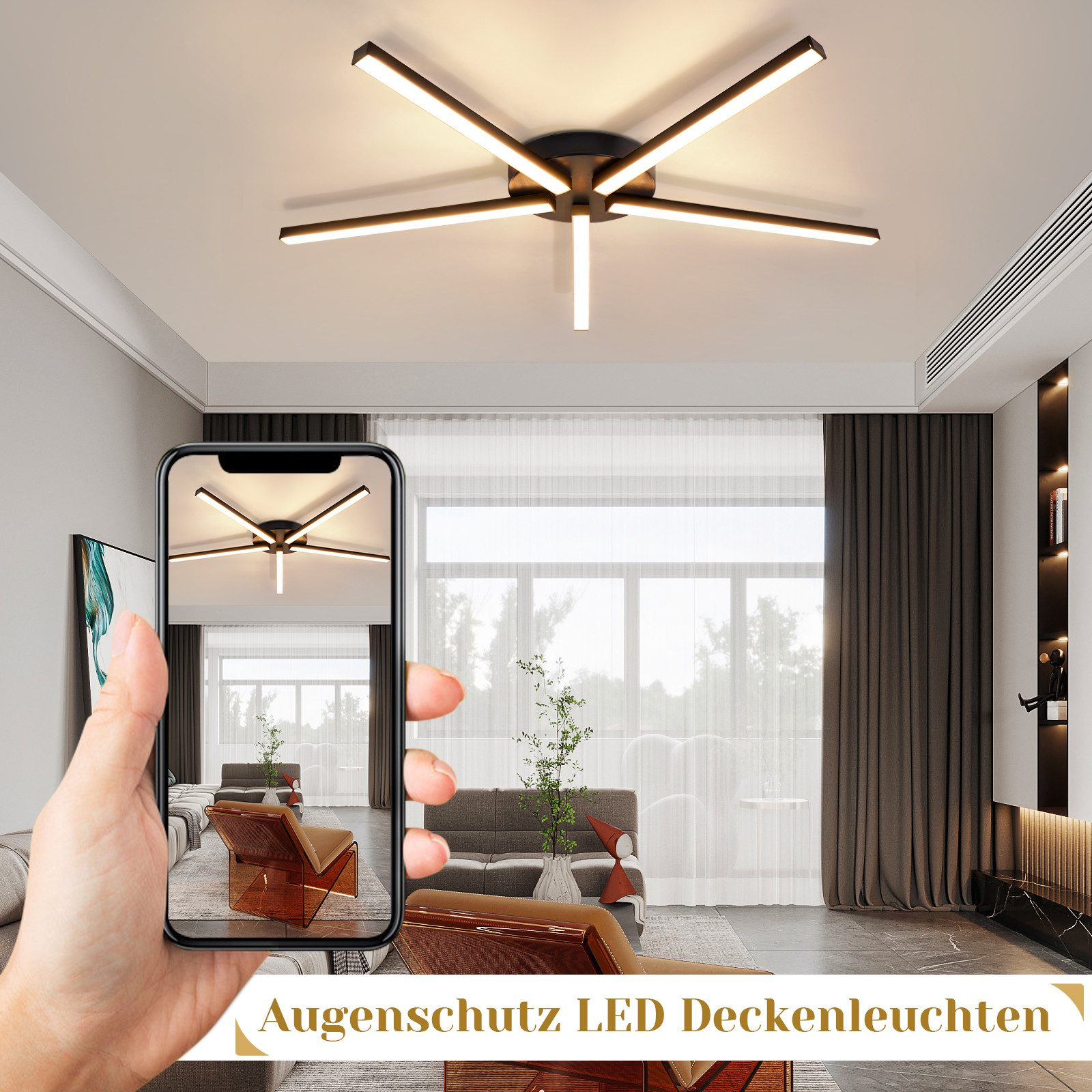 Mano tiene telefono con lampada a soffitto a 6 bracci. Soggiorno sullo sfondo.