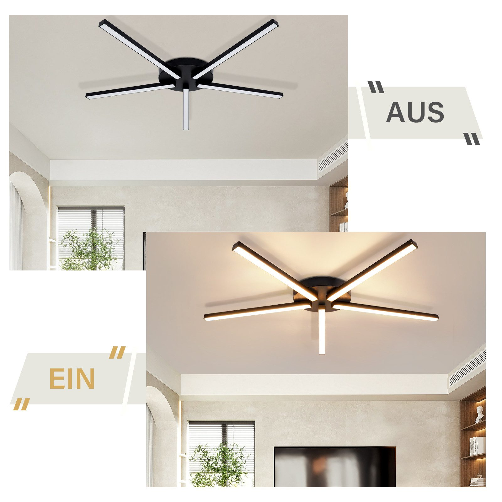 Due immagini di un lampadario a soffitto. Nero, a forma di stella con luce bianca.