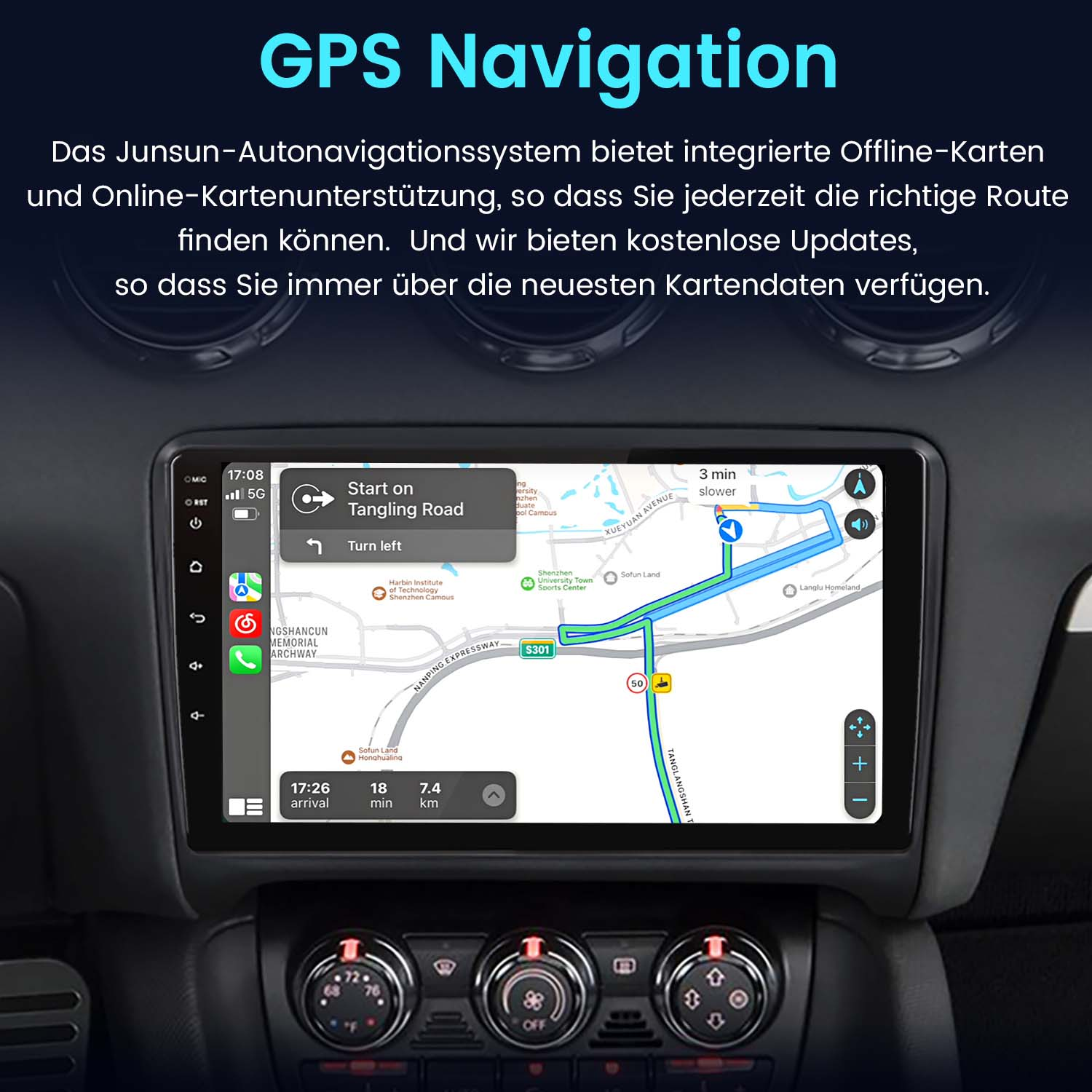 Ekran systemu informacyjno-rozrywkowego samochodu wyświetlający nawigację GPS z mapą i kontrolkami. Tekst: Nawigacja GPS.