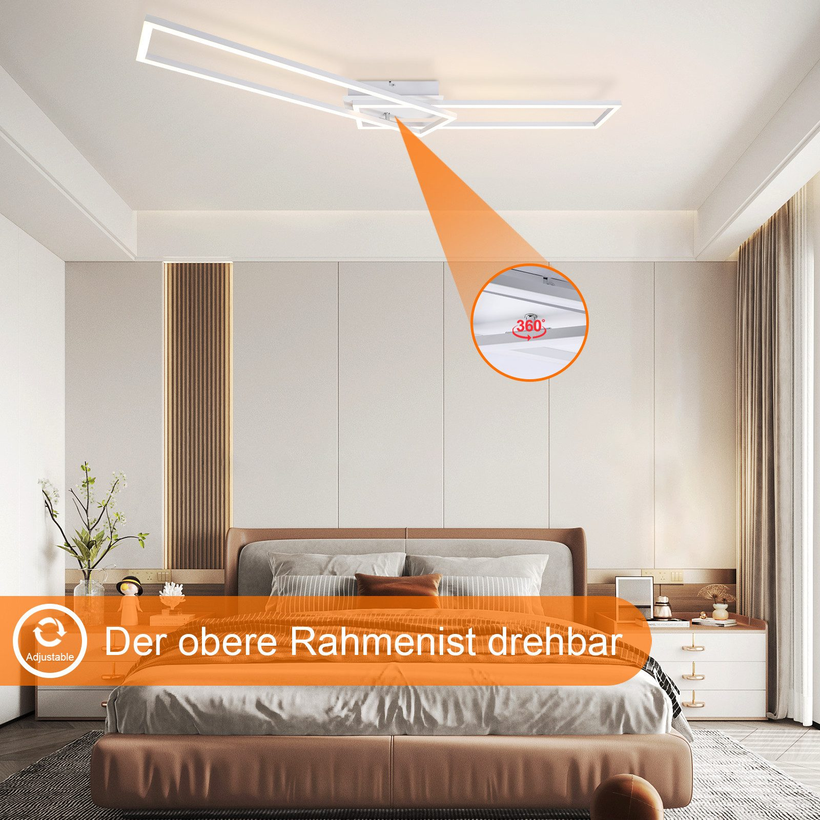 Lampa sufitowa, z obracaną ramą, nad łóżkiem. Tekst w języku niemieckim wskazuje regulację.