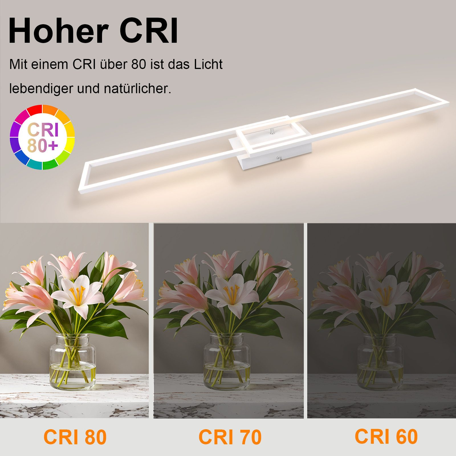 Una lampada da soffitto bianca con un alto CRI, mostrata con composizioni floreali in diverse impostazioni di luce.