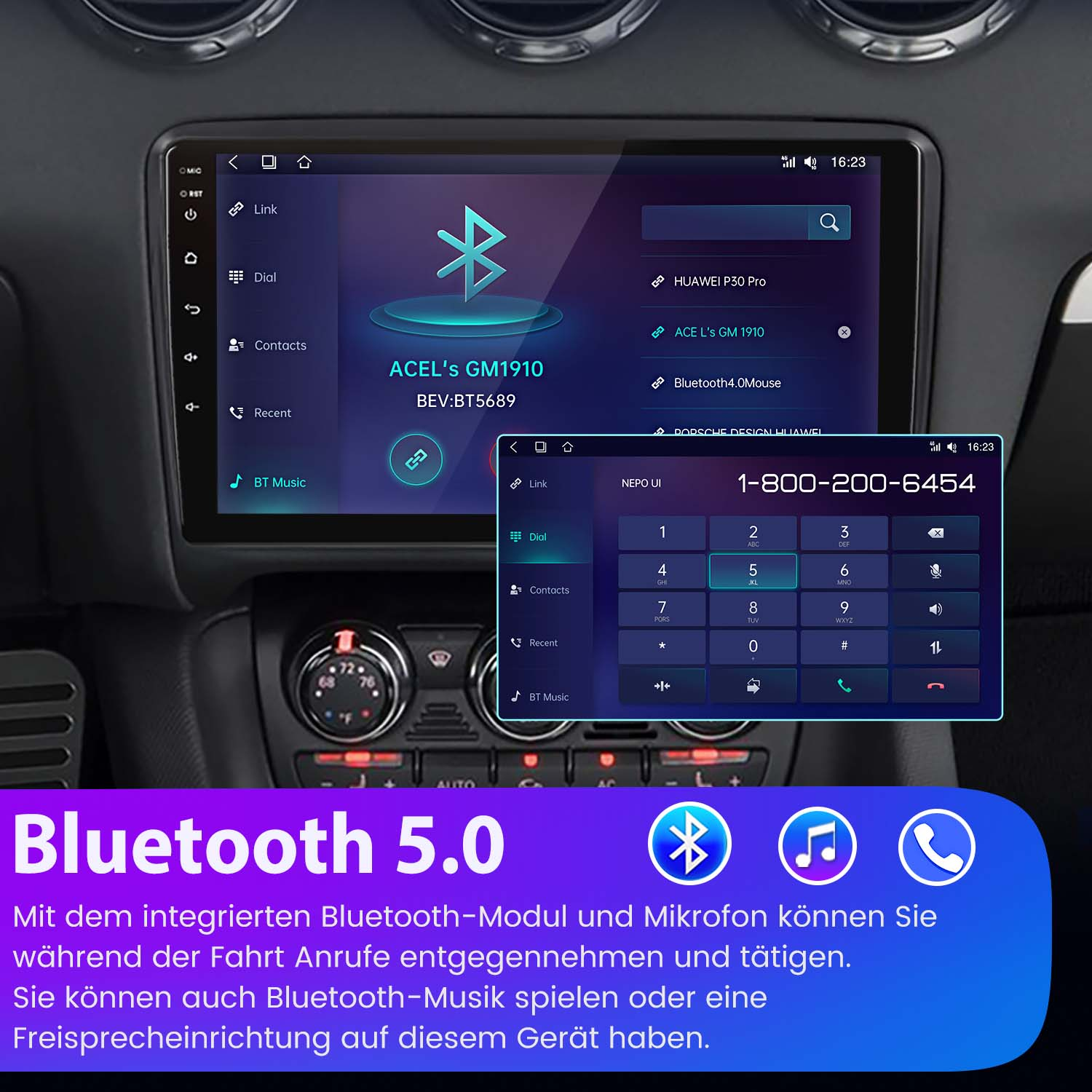 Deska rozdzielcza samochodu pokazująca ekran połączenia Bluetooth. Wyświetlana jest również klawiatura telefoniczna do wybierania numeru.