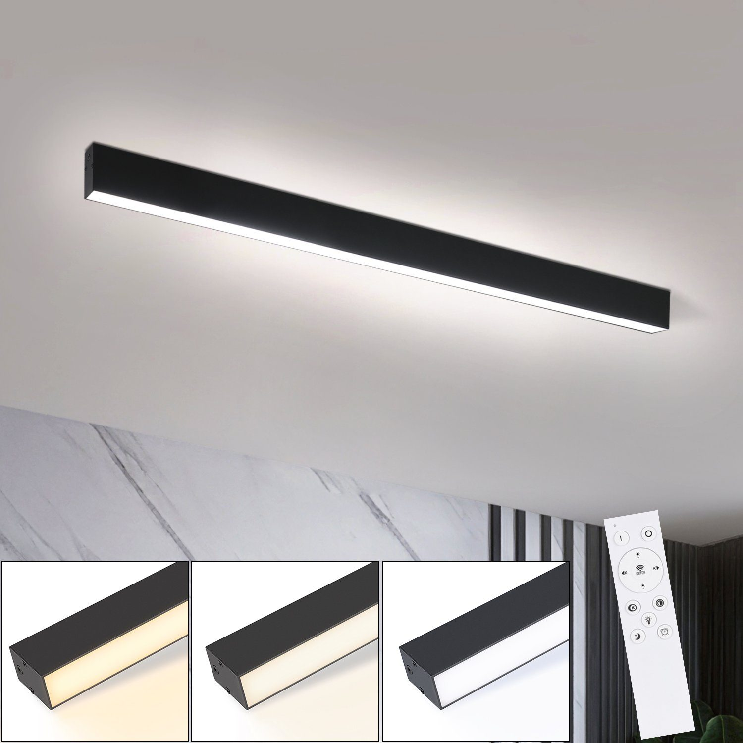 Lampada da soffitto a LED rettangolare nera con telecomando e opzioni di illuminazione.
