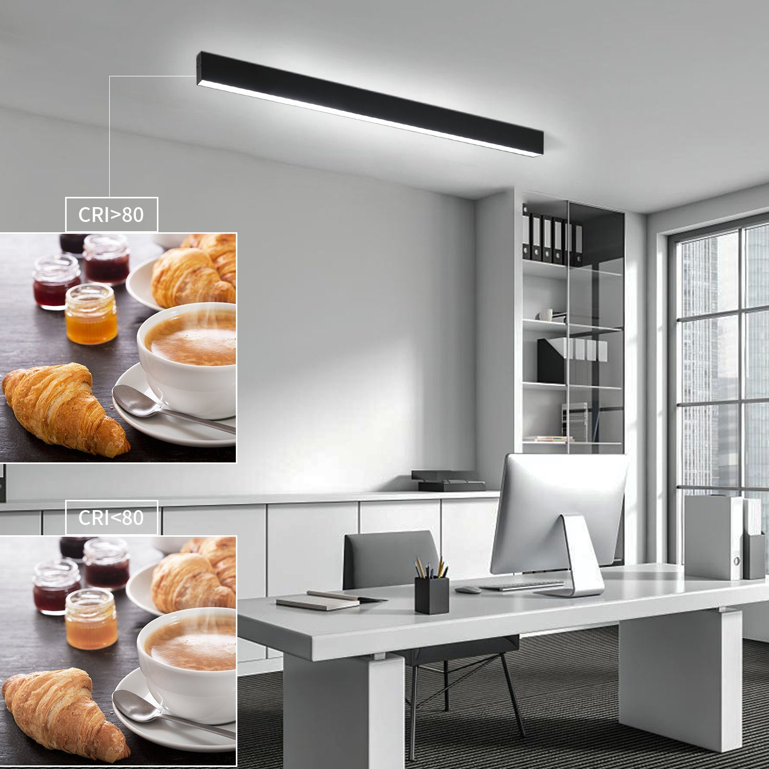 Un ambiente ufficio con una lunga luce a soffitto, una scrivania e due inserti che mostrano cibo con illuminazione diversa.
