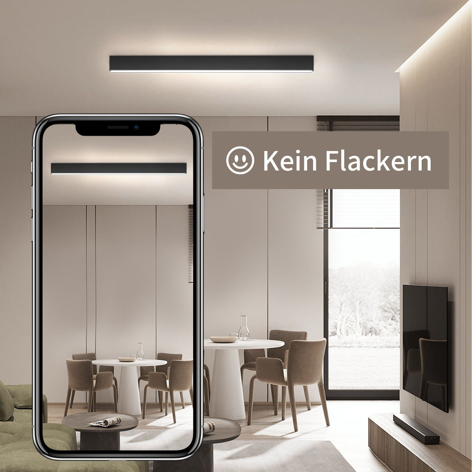 Un telefono visualizza una stanza con una luce a soffitto. La luce è lunga, nera e rettangolare.