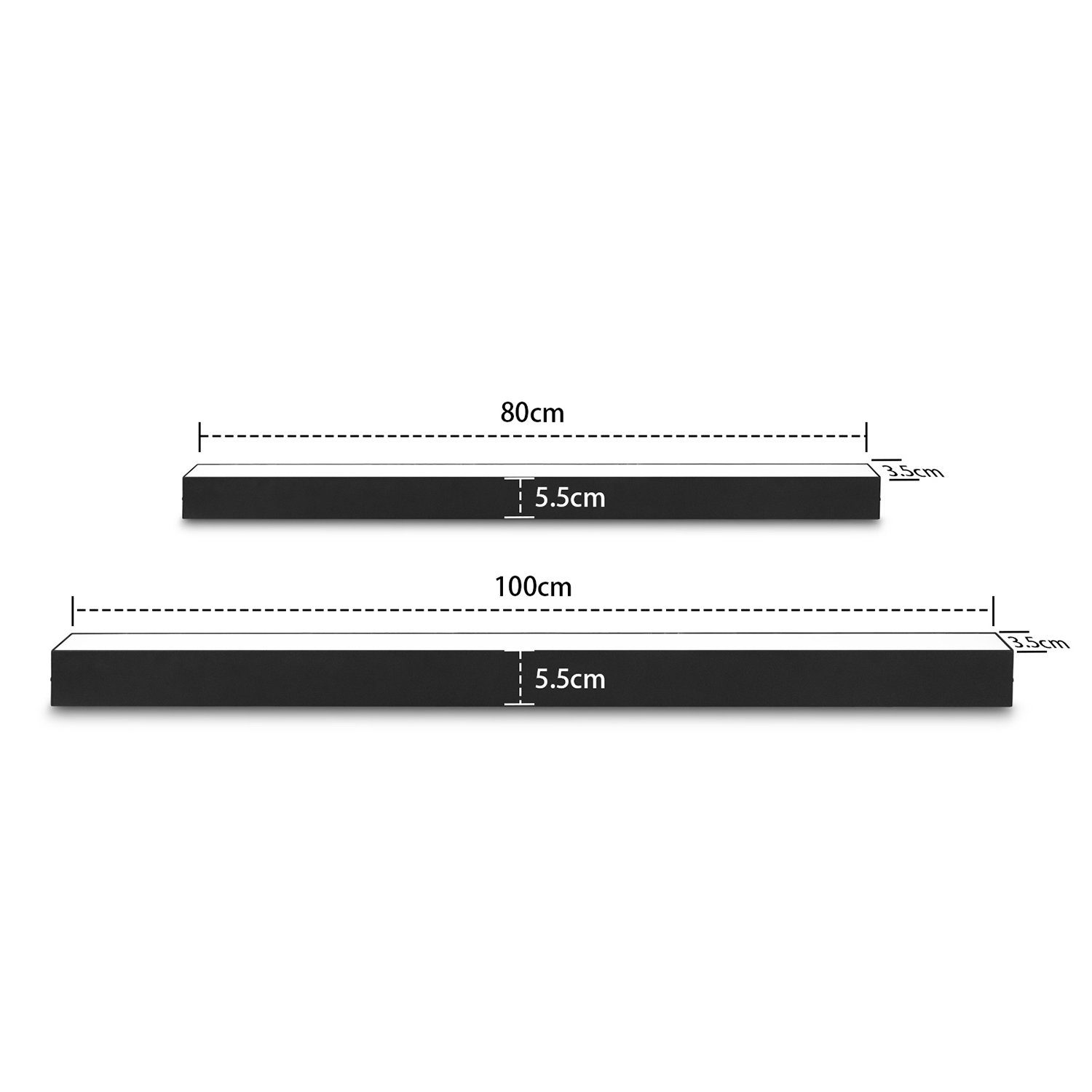 Due luci LED rettangolari nere, una da 80 cm e una da 100 cm, su sfondo bianco.