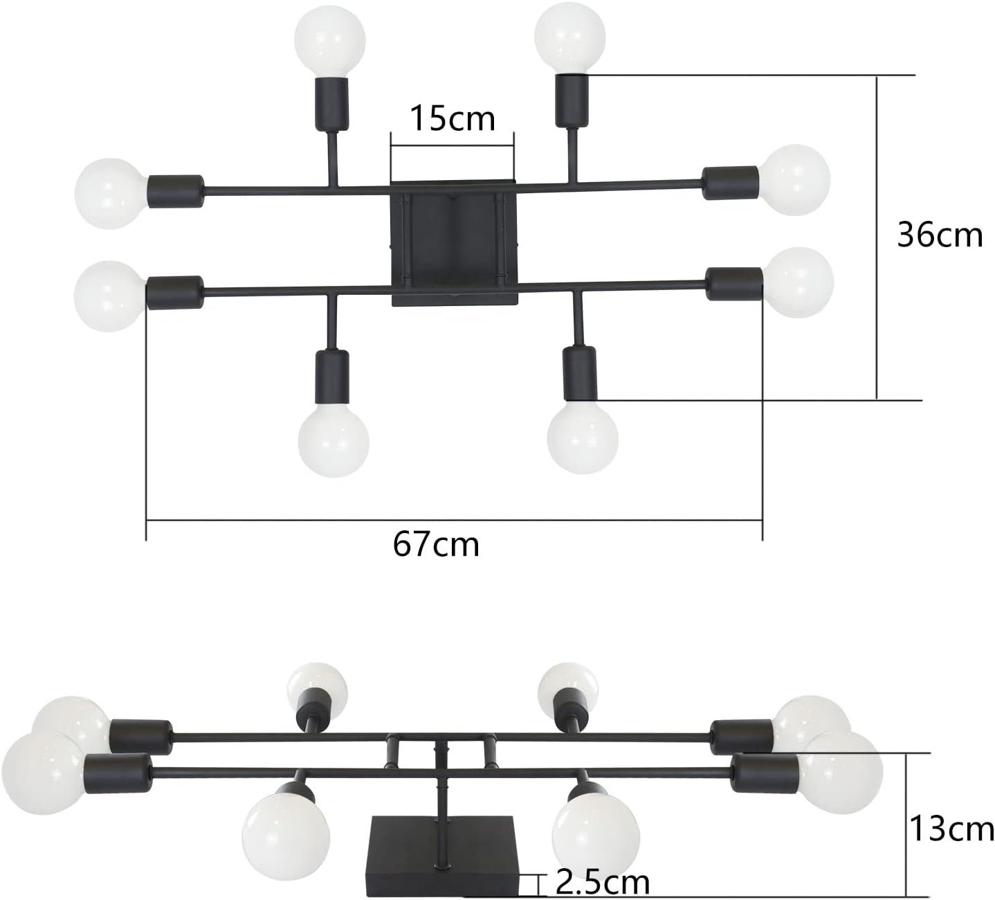 Diagramma con le dimensioni di una plafoniera nera a più lampadine, che mostra il posizionamento delle lampadine.