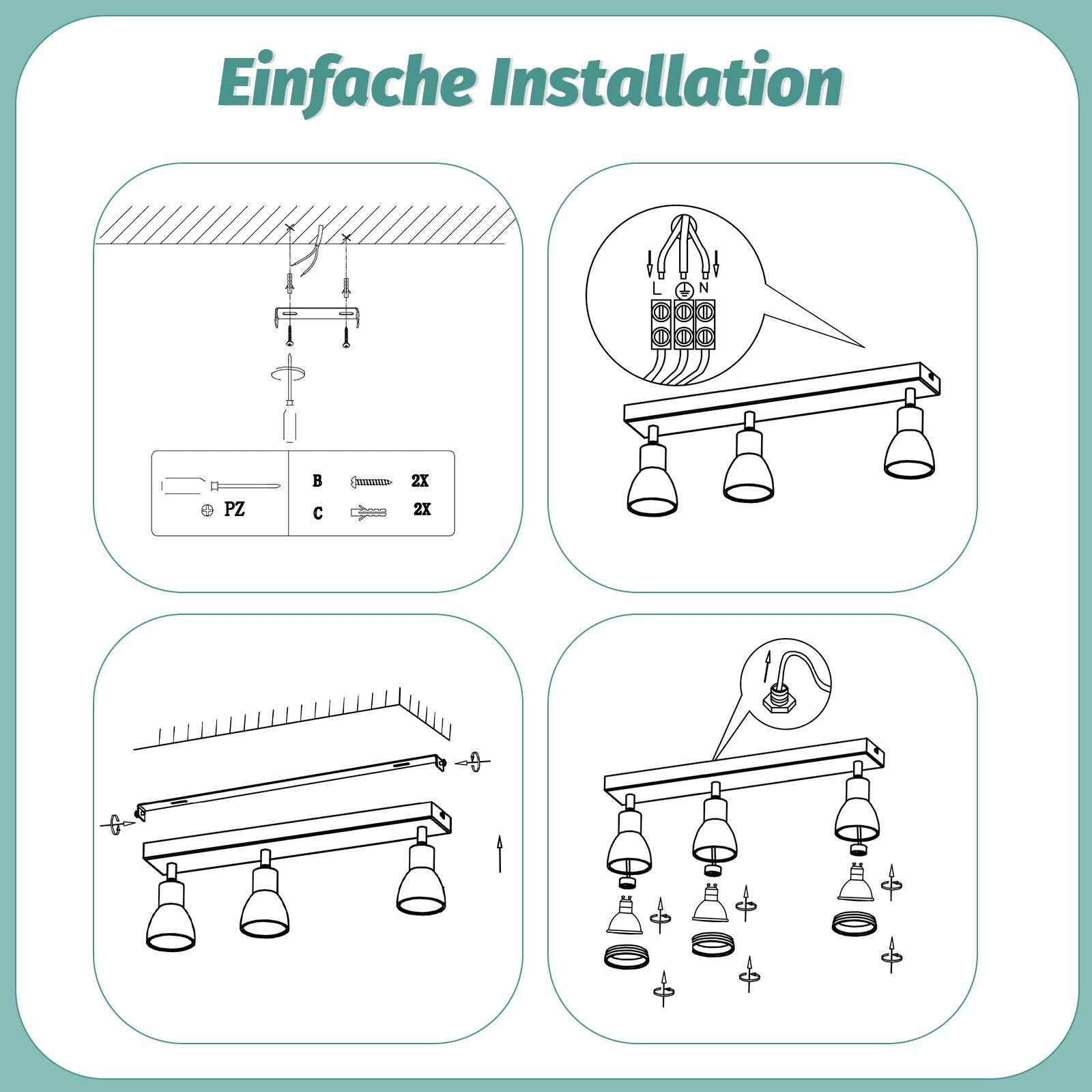 Diagrammi che illustrano i passaggi di installazione di un lampadario da soffitto.