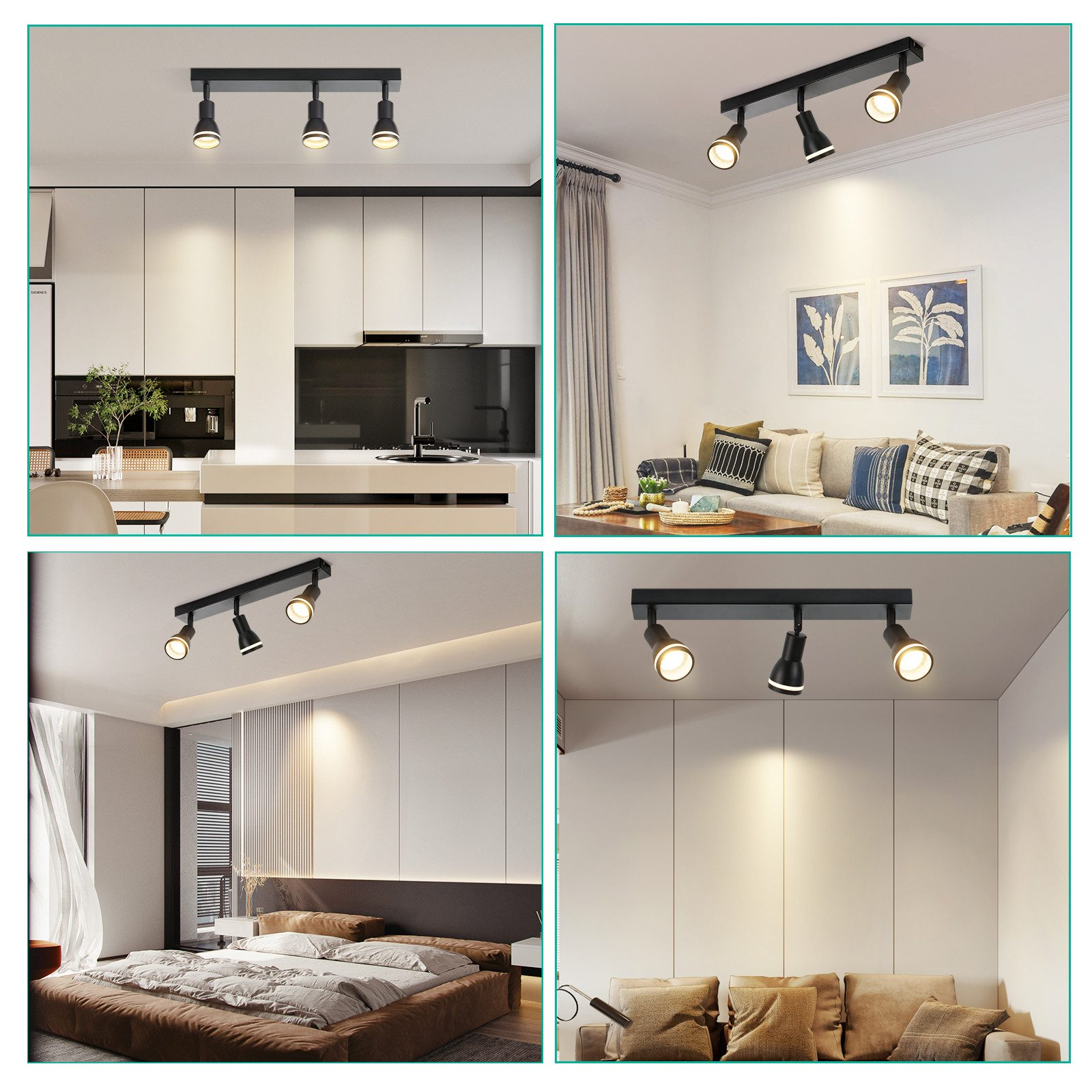 Immagini multiple di apparecchi di illuminazione a binario installati in varie stanze, che mostrano diversi angoli e spazi.