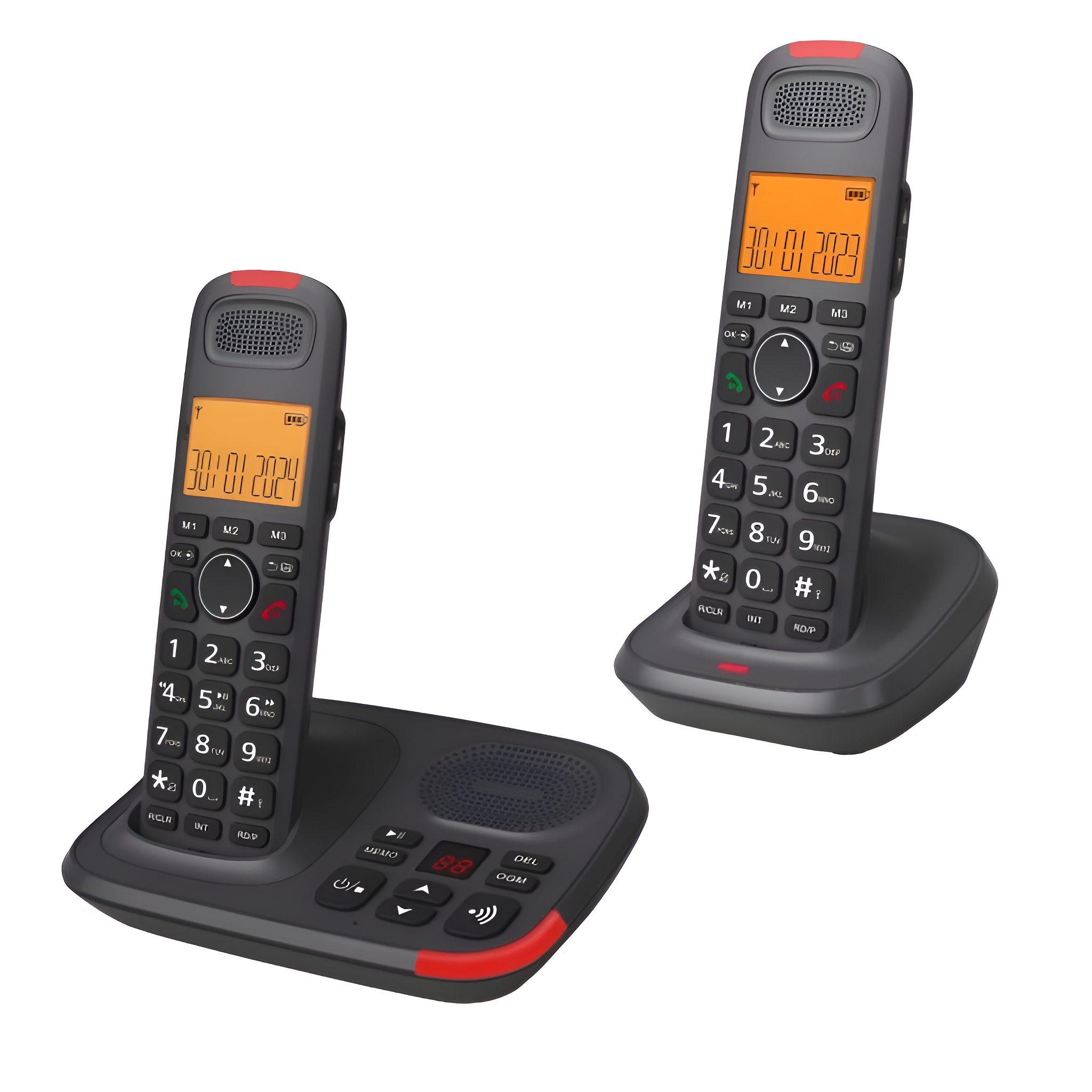 Zwei schwarze schnurlose Telefone auf ihren Ladegeräten mit Digitalanzeigen, die das Datum anzeigen. Die Telefone haben große Tasten.