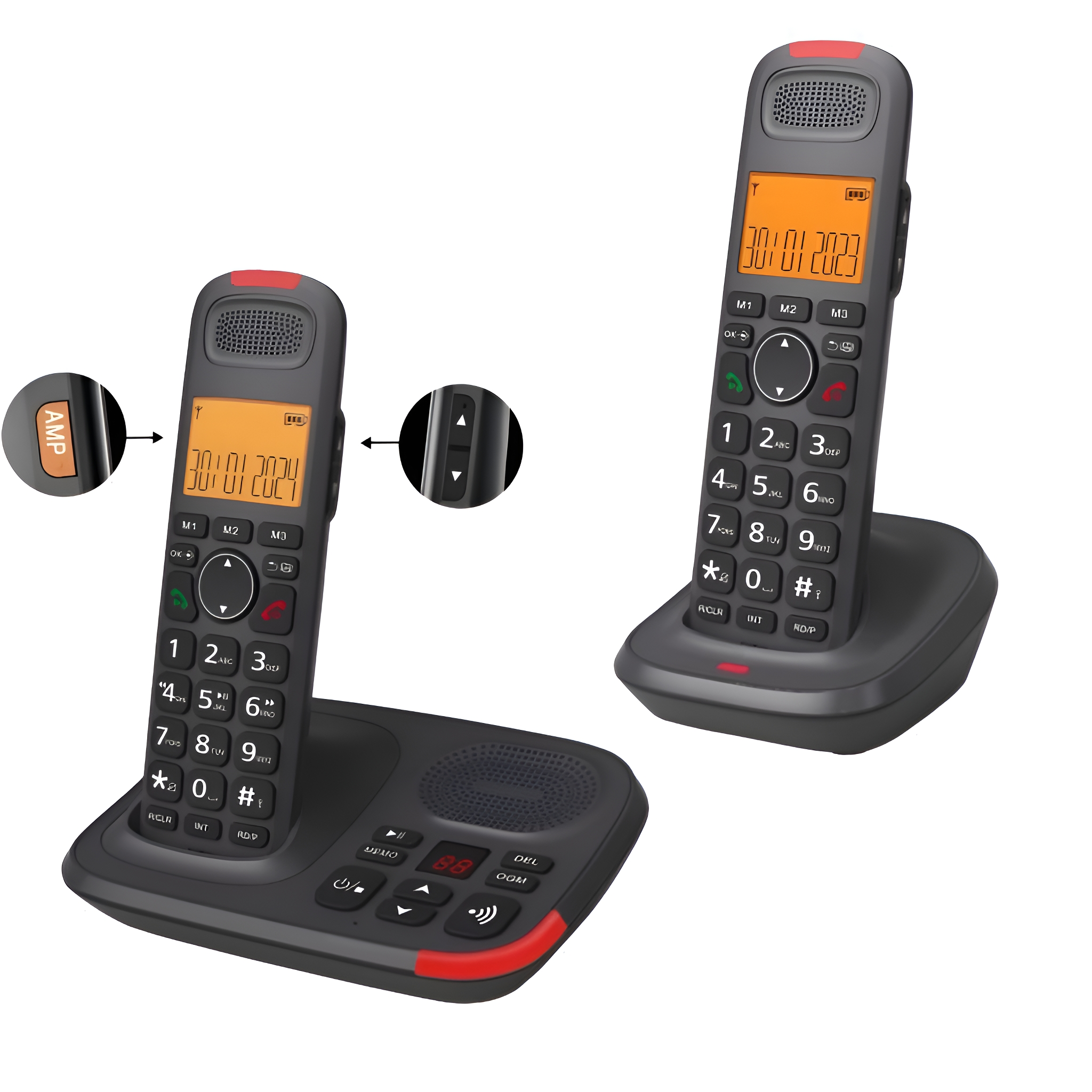 Zwei schnurlose Telefone. Eines zeigt das Datum 30.01.2023. Schwarze Basis mit roten Akzenten.