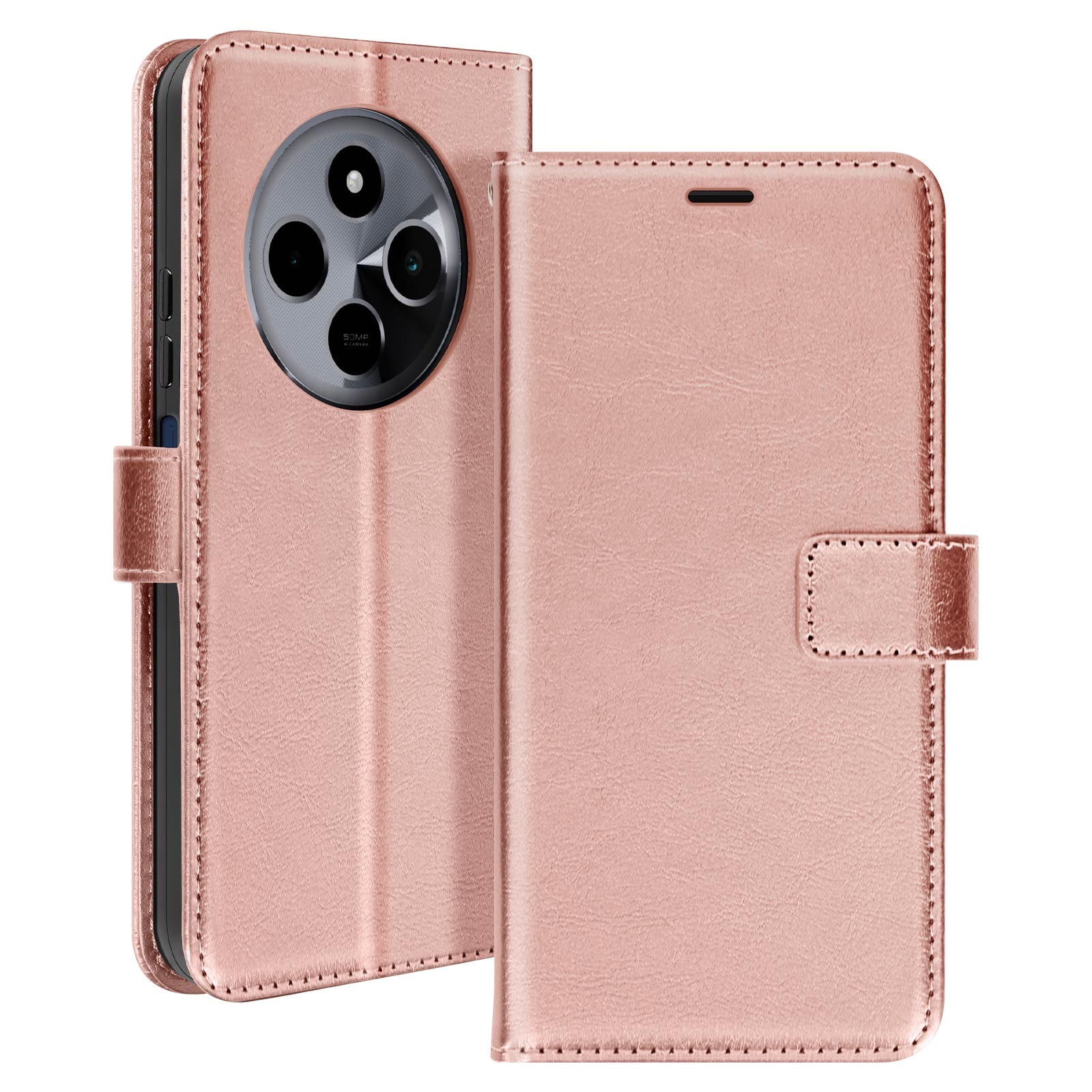 Una custodia per telefono in pelle rosa, aperta e chiusa, che mostra le fotocamere del telefono.