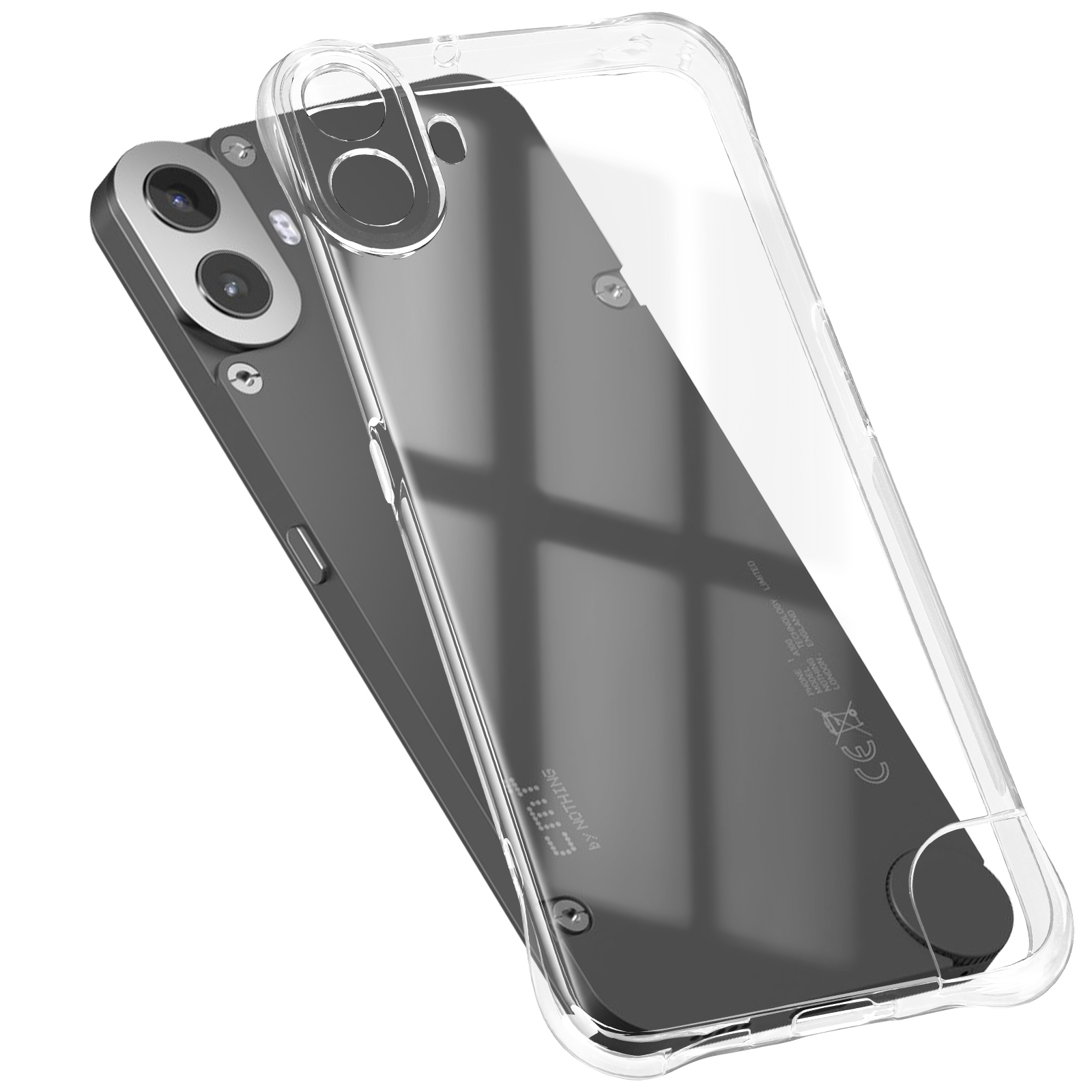 Transparente Schutzhülle über einem schwarzen Telefon. Kameradetails sichtbar, Winkelaufnahme.