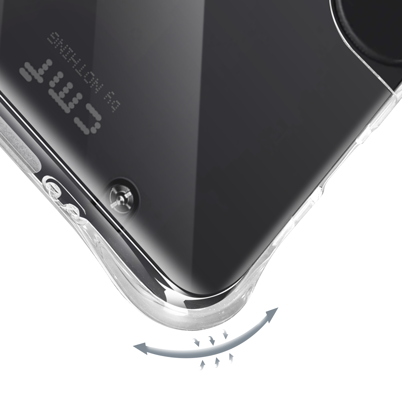 Nahaufnahme einer Handyhülle. Die Hülle ist transparent und zeigt das Telefon. Pfeile zeigen Flex an.