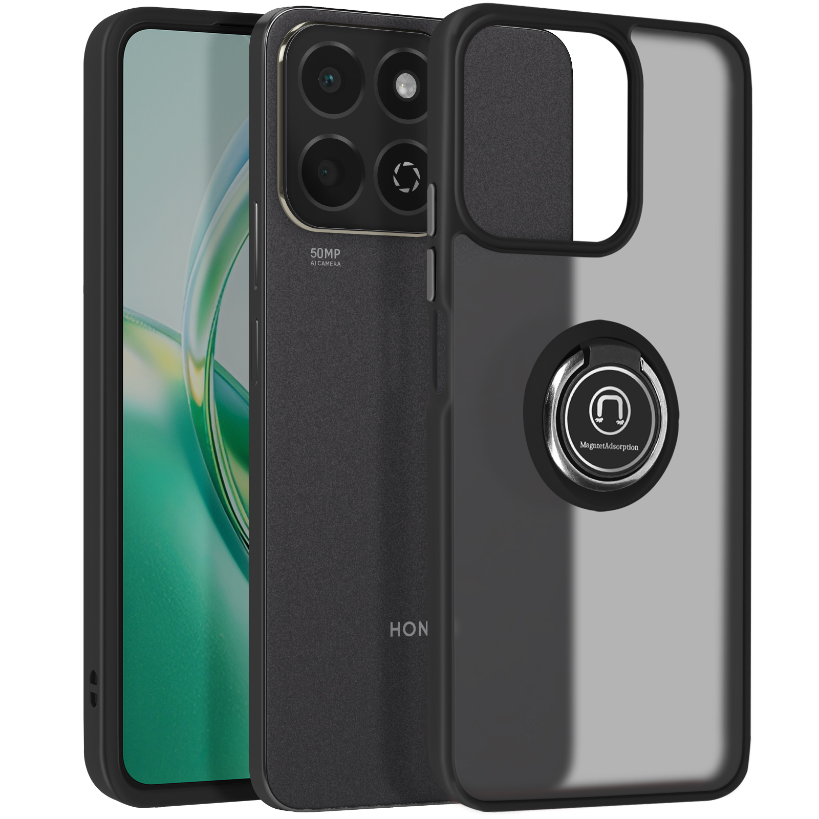 Uno smartphone con custodia. Il telefono ha una tripla fotocamera.