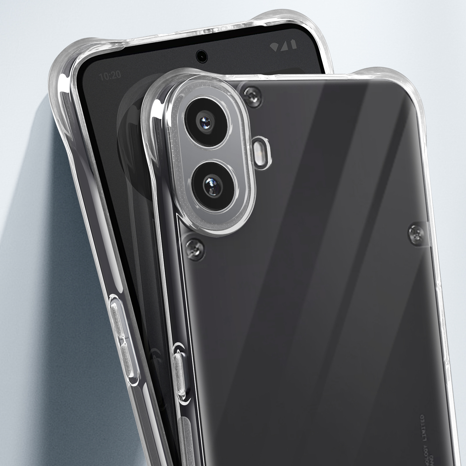 Nahaufnahme einer transparenten Handyhülle auf einem schwarzen Telefon, die Kamera und Knöpfe zeigt.