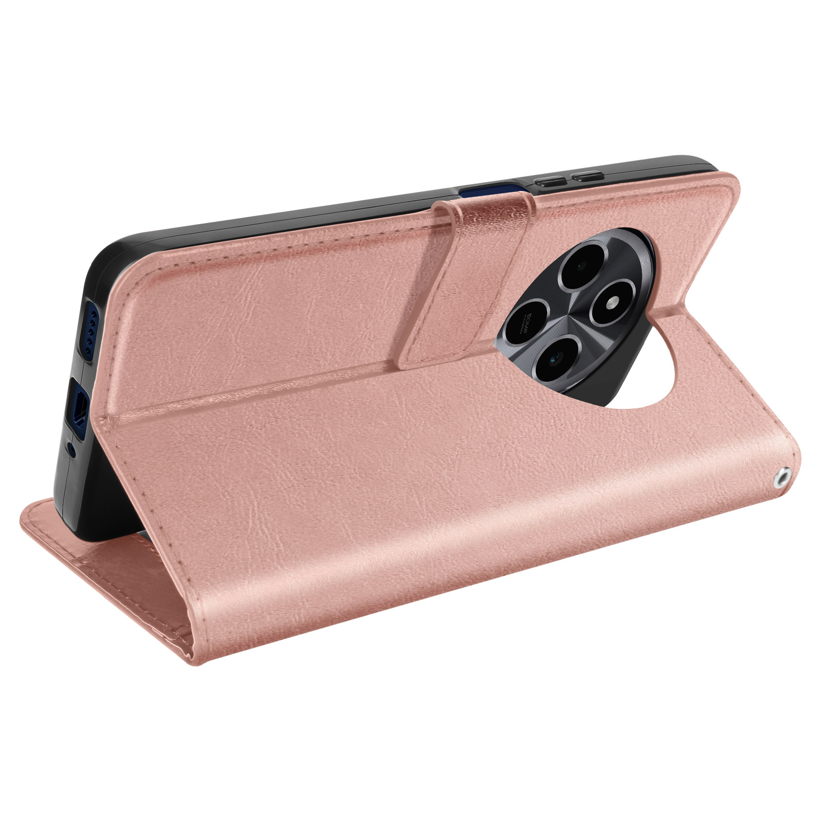 Custodia per telefono rosa in posizione aperta. Il telefono ha una cornice nera e una fotocamera.