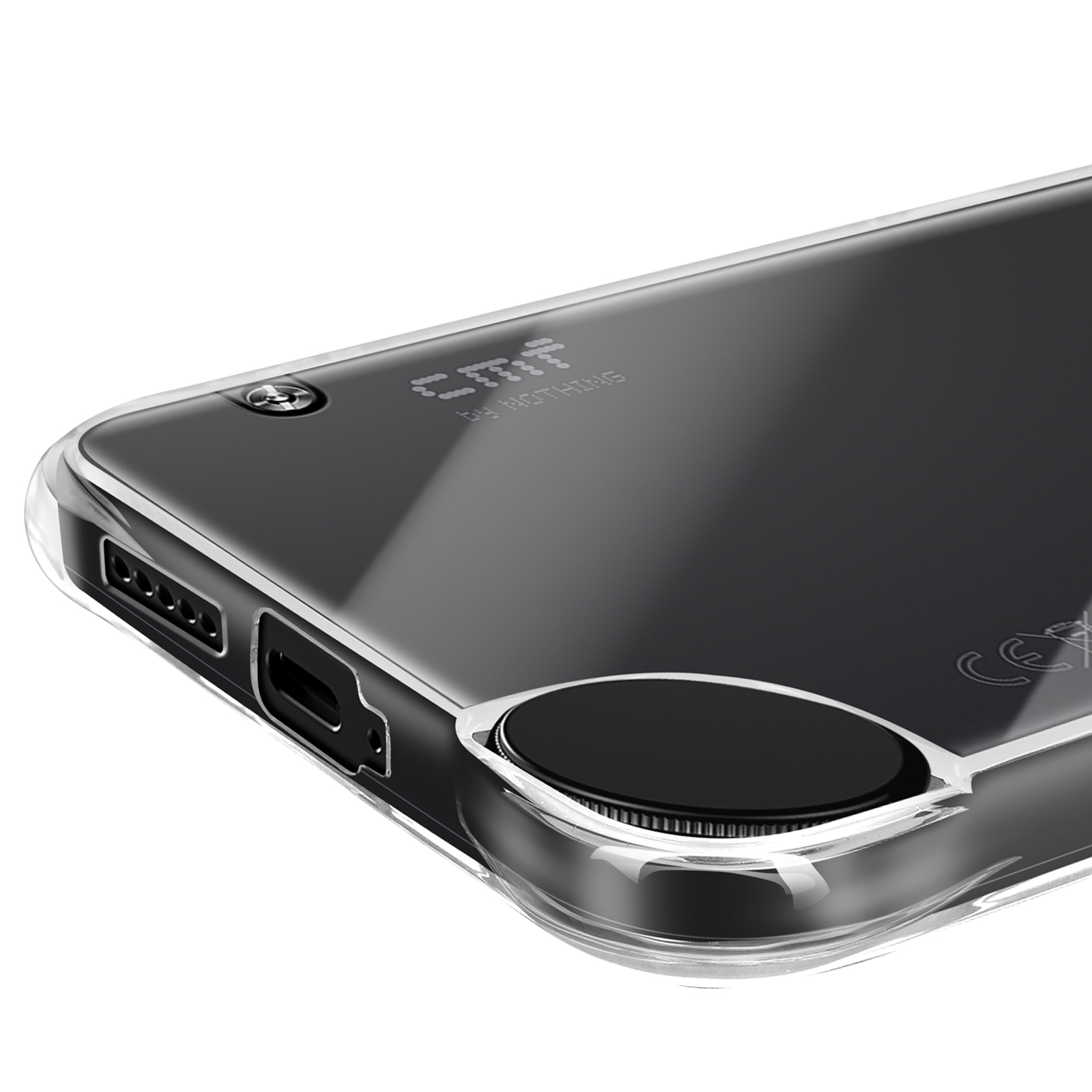 Nahaufnahme einer transparenten Handyhülle auf einem schwarzen Telefon. Die Hülle zeigt die Seitentasten des Telefons.