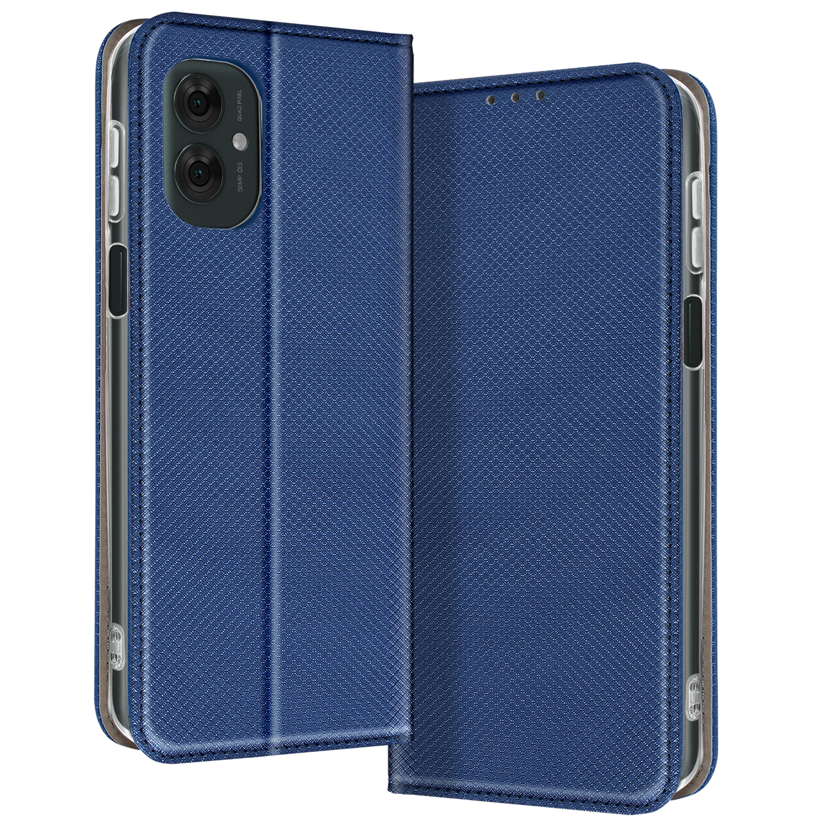 Blaues Handycase geöffnet, vorne und hinten.