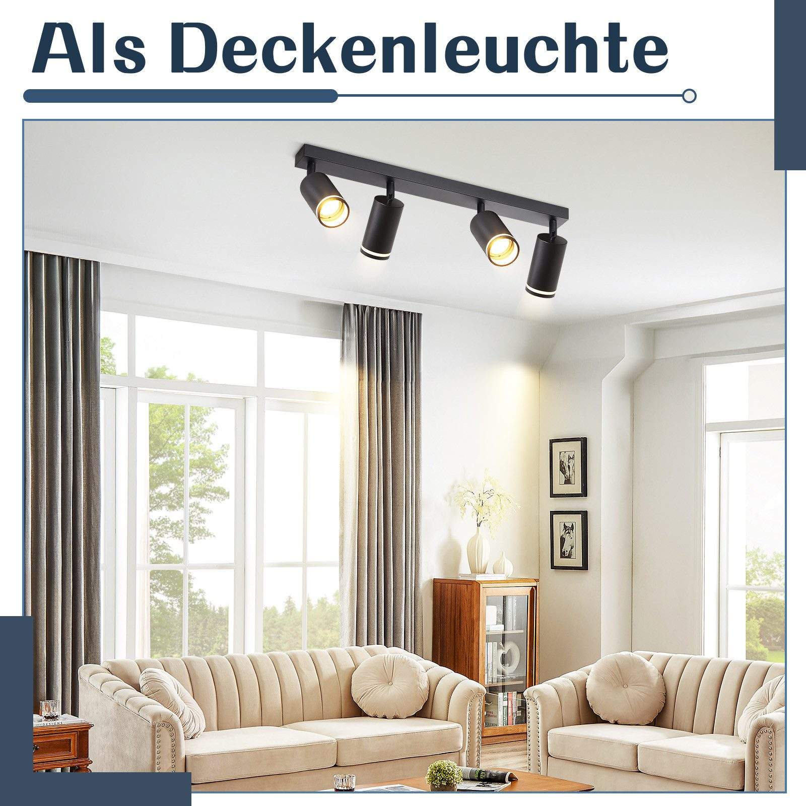 Luci a soffitto in un soggiorno. Divani e tende sono visibili.