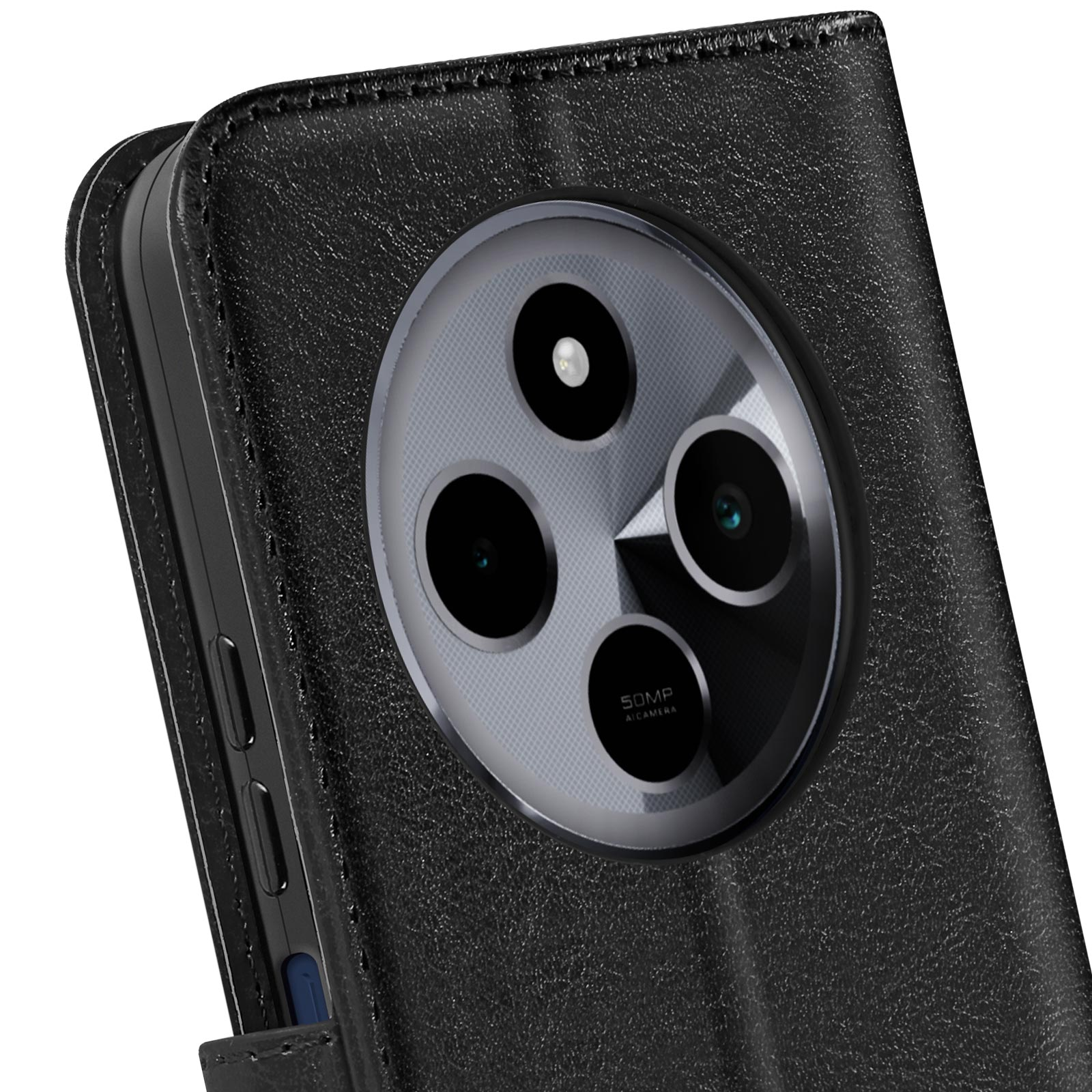Una custodia per telefono nera. Ha un obiettivo della fotocamera sul retro. La custodia è strutturata e chiusa.