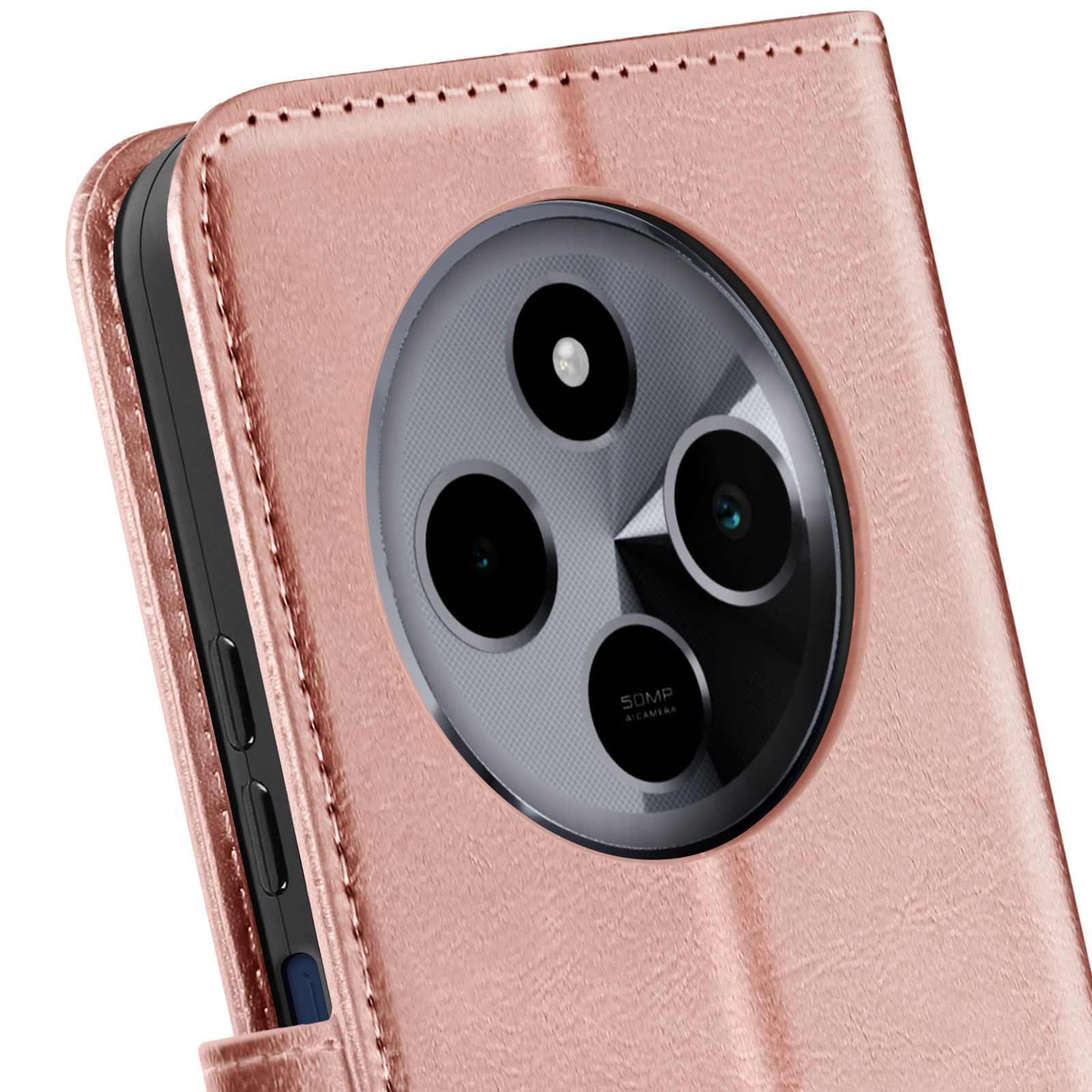 Una custodia per telefono in oro rosa con fotocamera e obiettivo. La custodia è chiusa e sembra nuova.