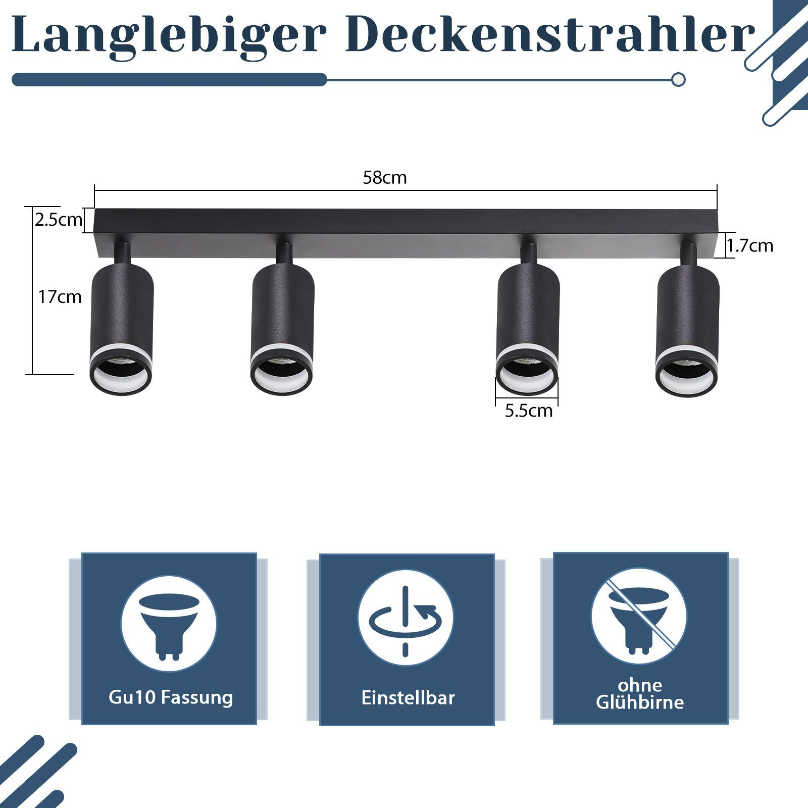 Czarne oświetlenie szynowe z czterema reflektorami, wymiarami i ikonami funkcji.