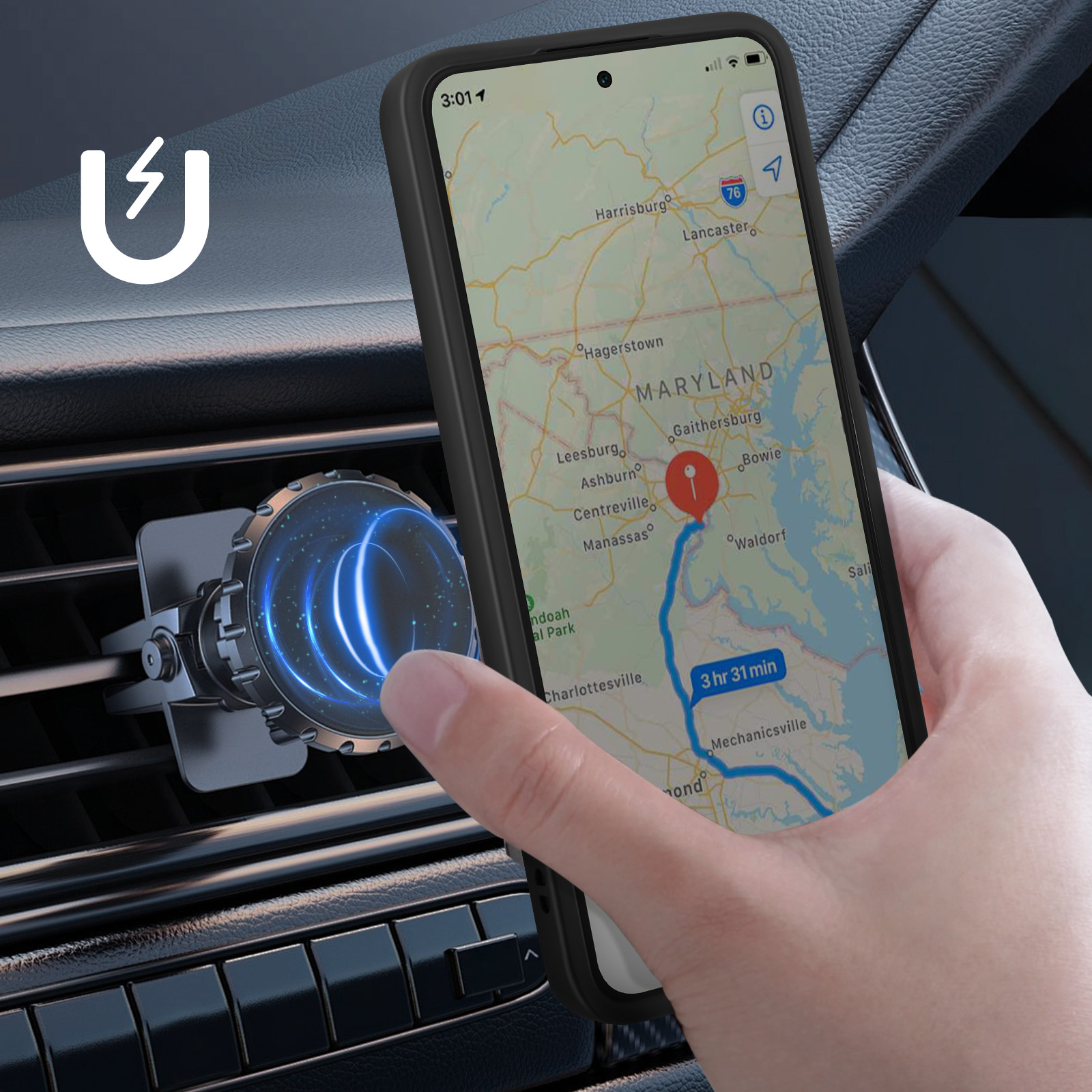 Telefono in un supporto per auto con una mappa che mostra un percorso. Il telefono mostra un'app di navigazione.