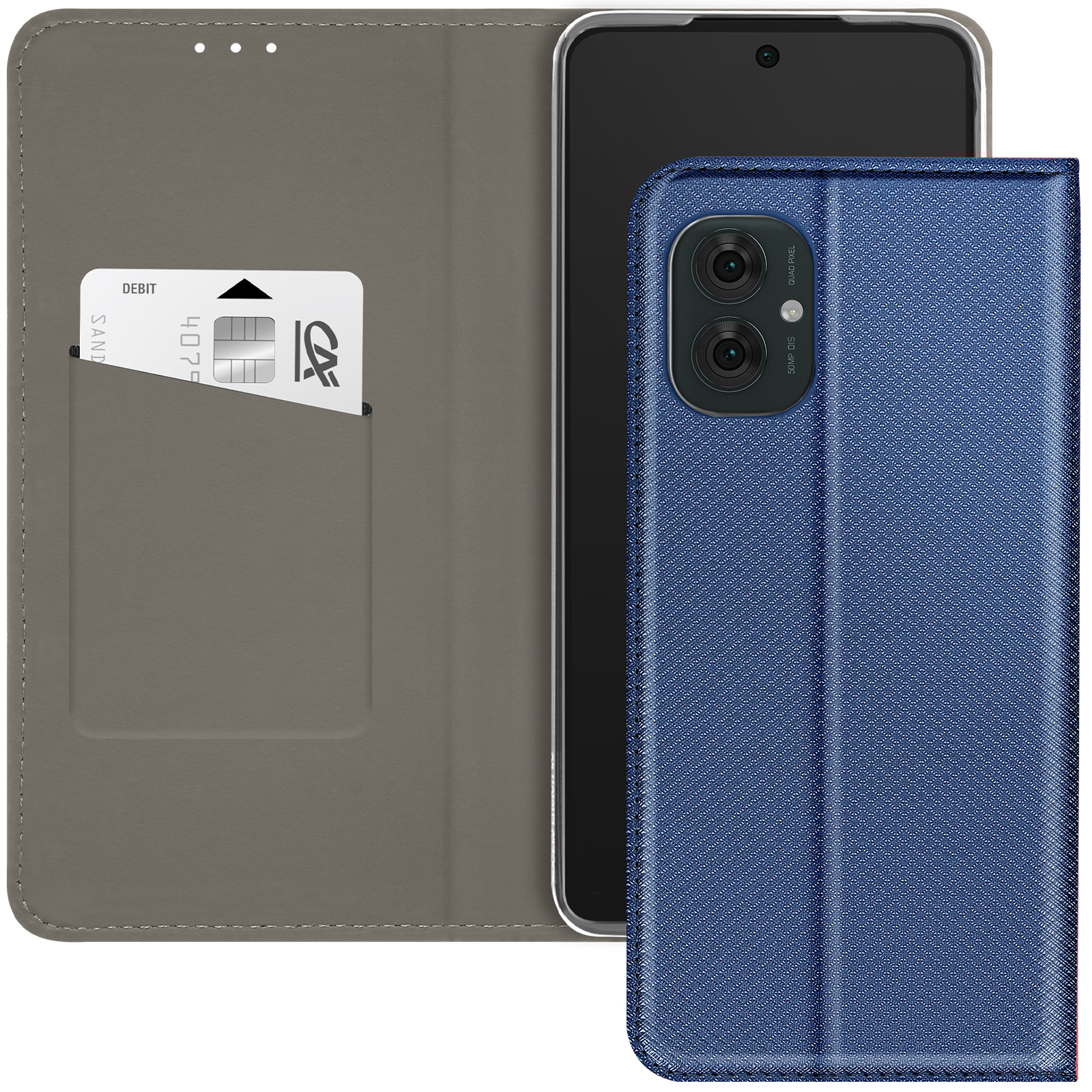 Eine blaue Handyhülle mit Telefon und Kreditkarte im Fach.
