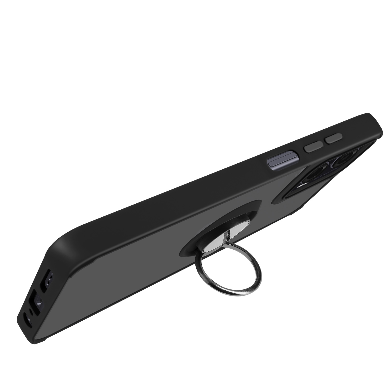 Schwarze Handyhülle mit einem Ringhalter. Das Telefon ist im Winkel gezeigt, mit dem Ringhalter auf der Rückseite.