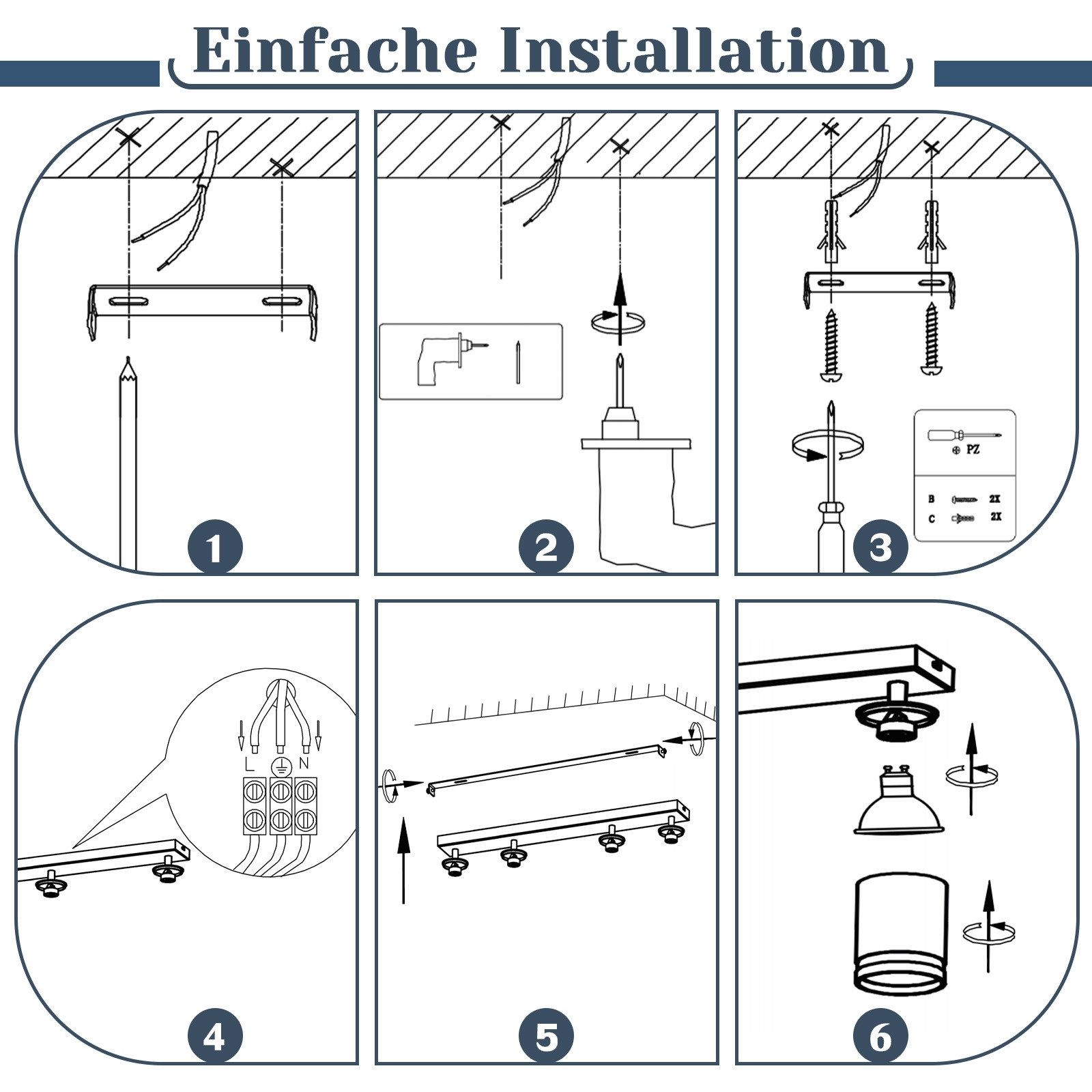 Diagramma che mostra i passaggi per l'installazione di un lampada.