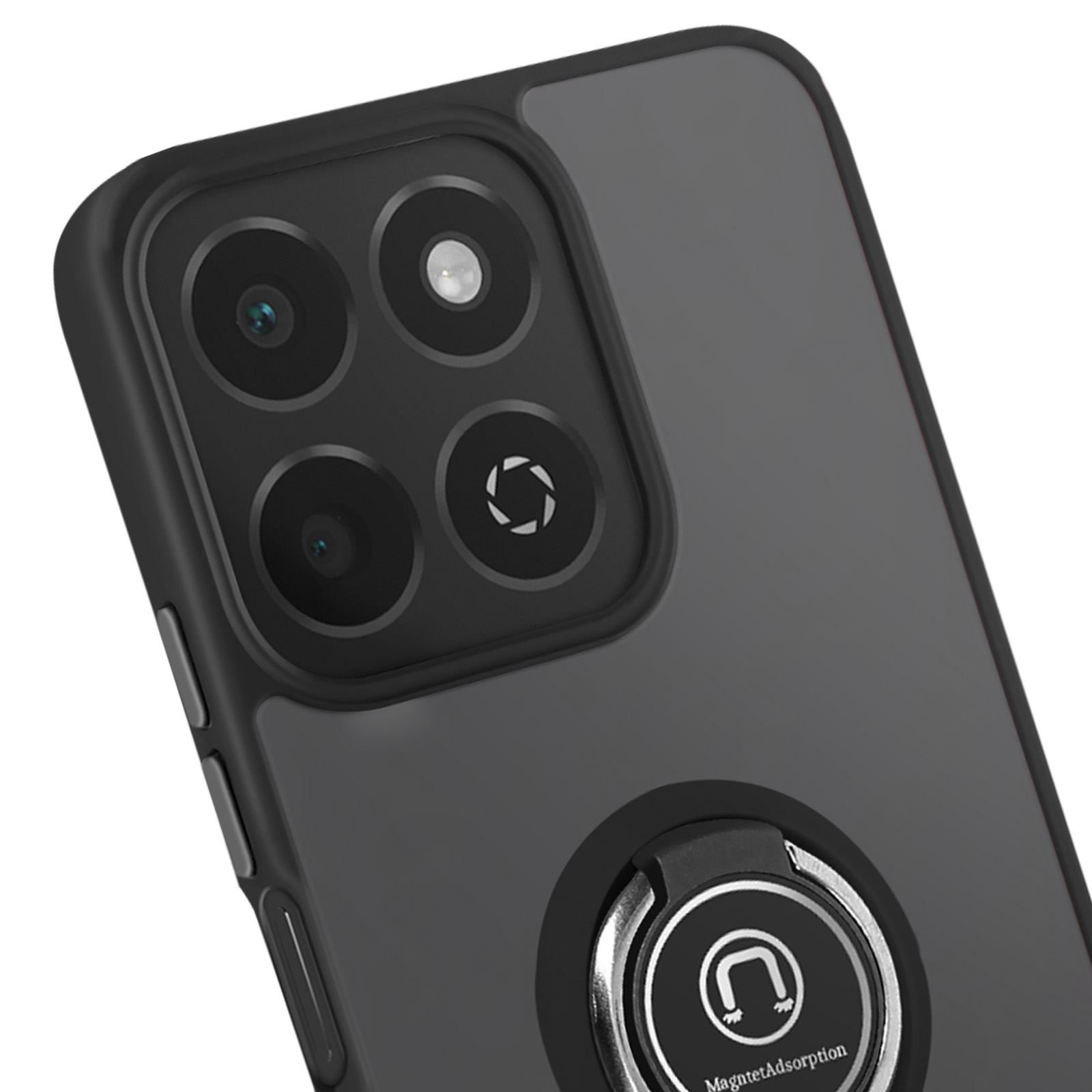 Un primo piano di una custodia per telefono nera con un supporto ad anello e più lenti della fotocamera.