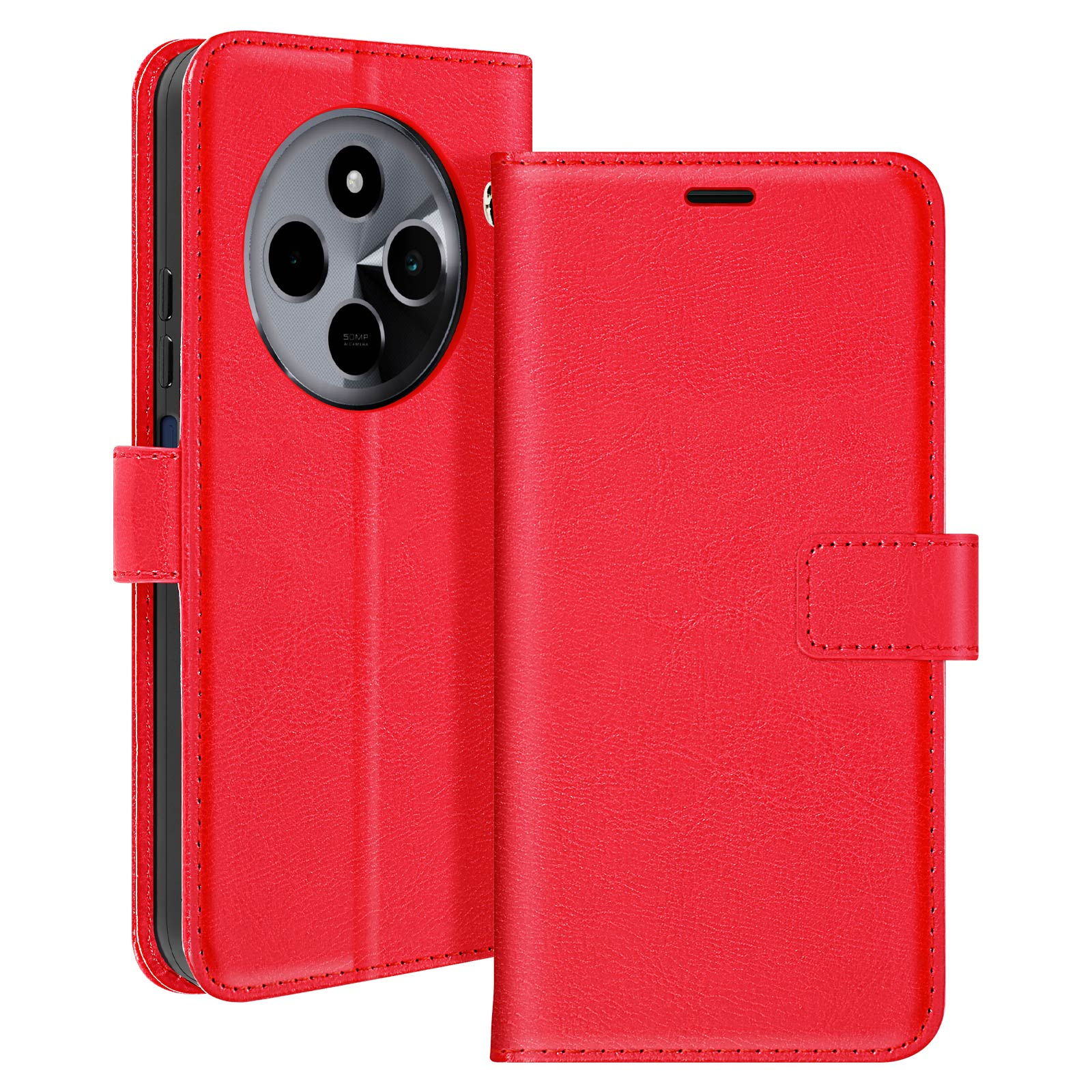 Custodia del telefono rossa, aperta, con un telefono a sinistra.