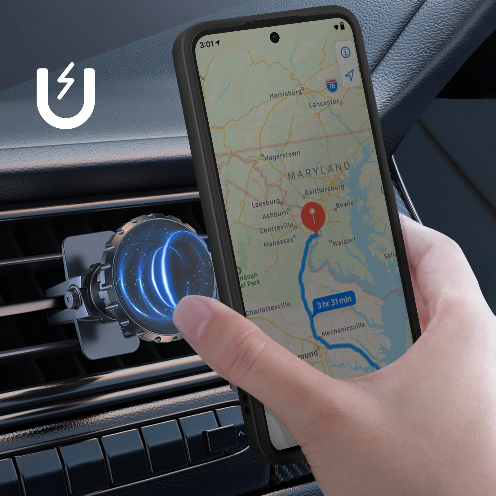Telefono montato in bocchetta auto, mostra mappa con percorso, tenuto in mano.