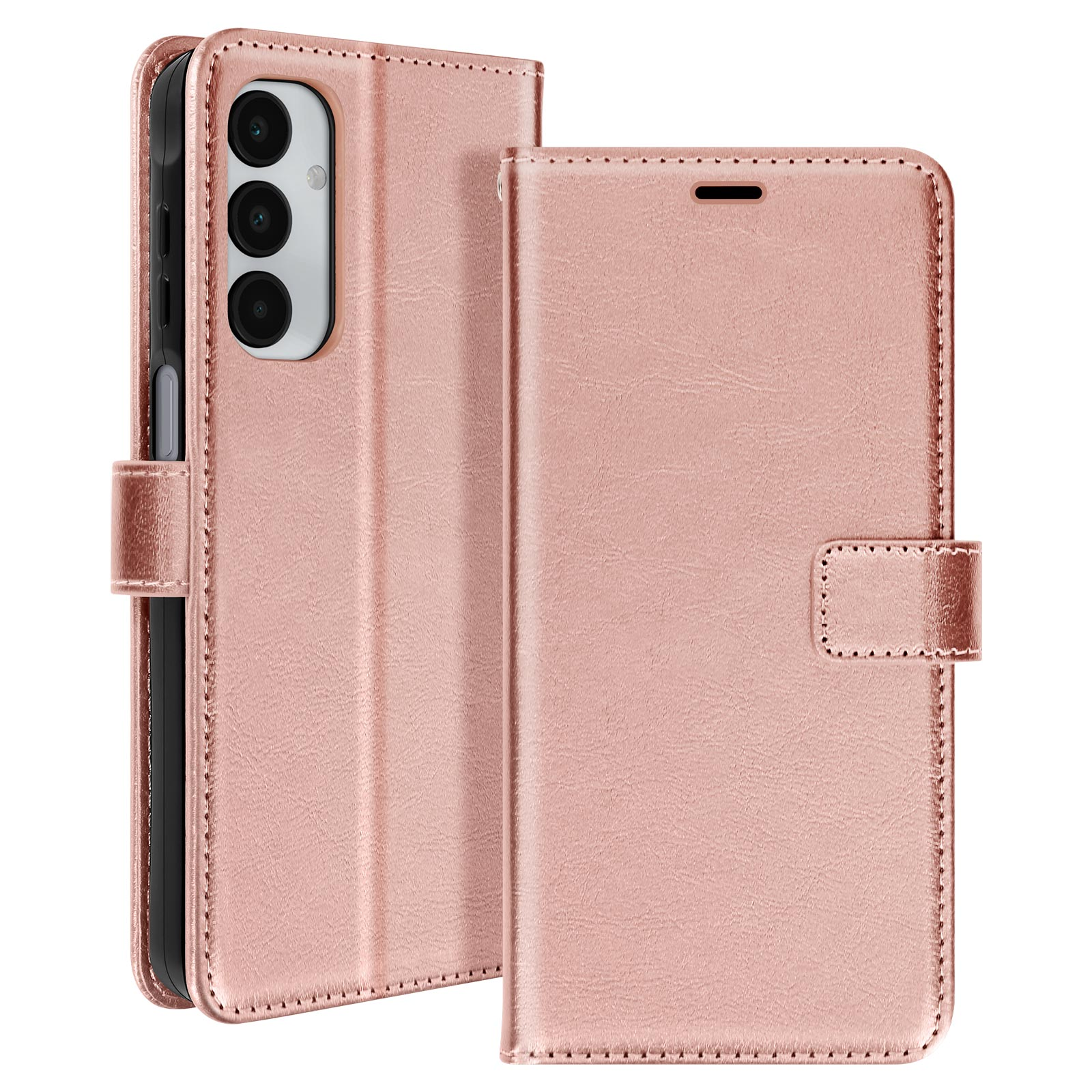 Coque de téléphone or rose, ouverte, montrant un téléphone et ses caméras. Fond blanc.
