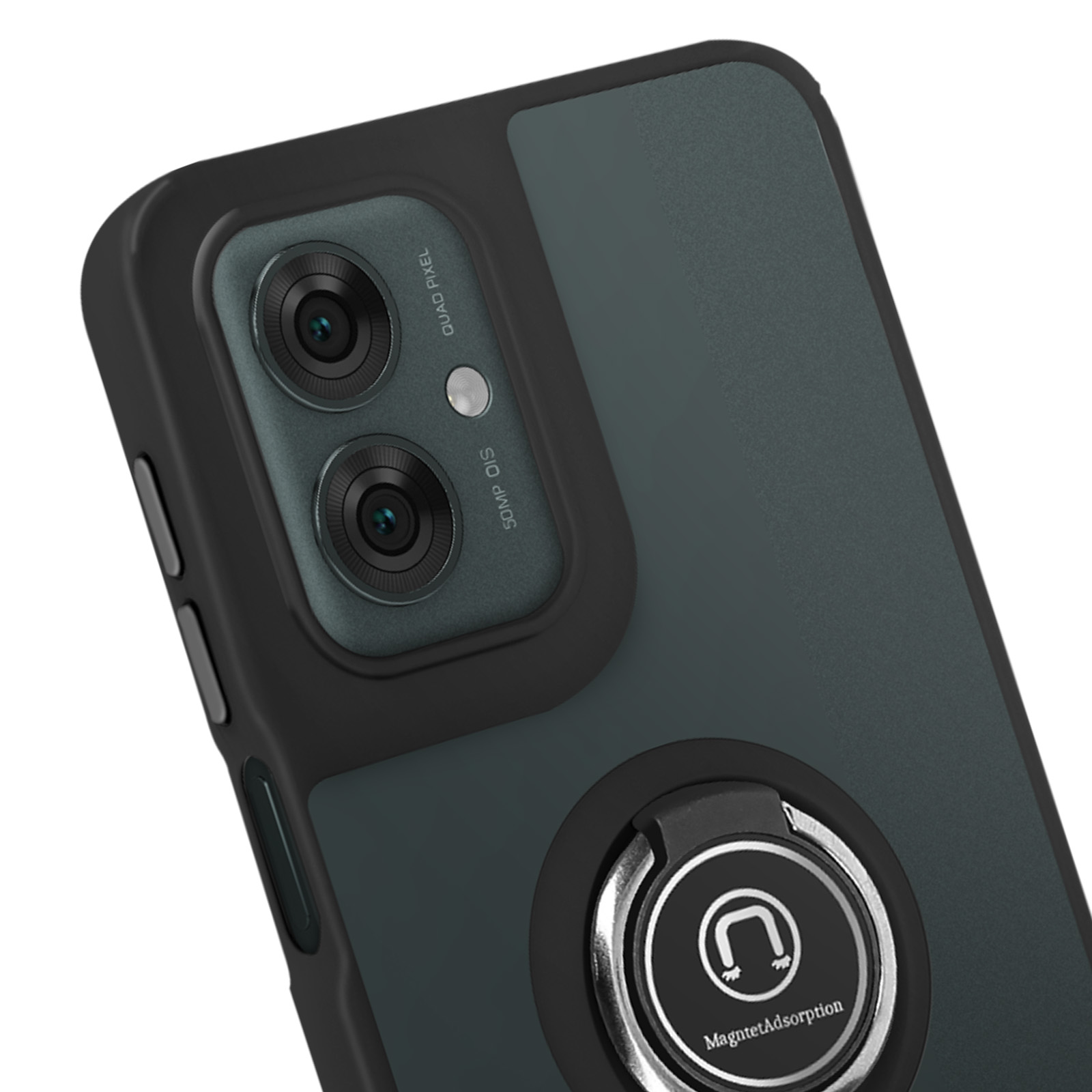 Primo piano di una custodia per telefono con bordo nero e supporto ad anello. Il telefono ha due fotocamere.