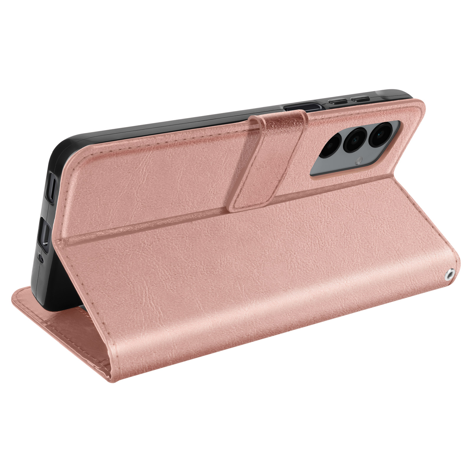 Un étui de téléphone rose, ouvert, montrant le téléphone et une fente pour carte.